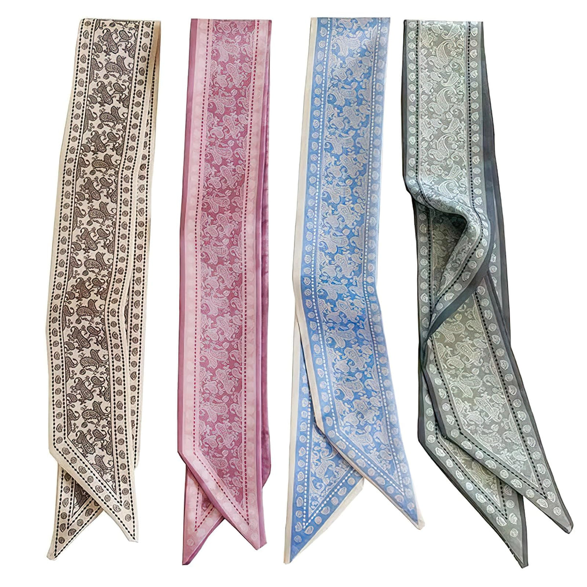 Flavizo 4PCS Silk Satin Scarves for Women, Boho Headband Hair Tie Twilly Bandana Scarf, Small Purse and Tote Bag Scarves, Multifunctional Fashion Hair Accessories