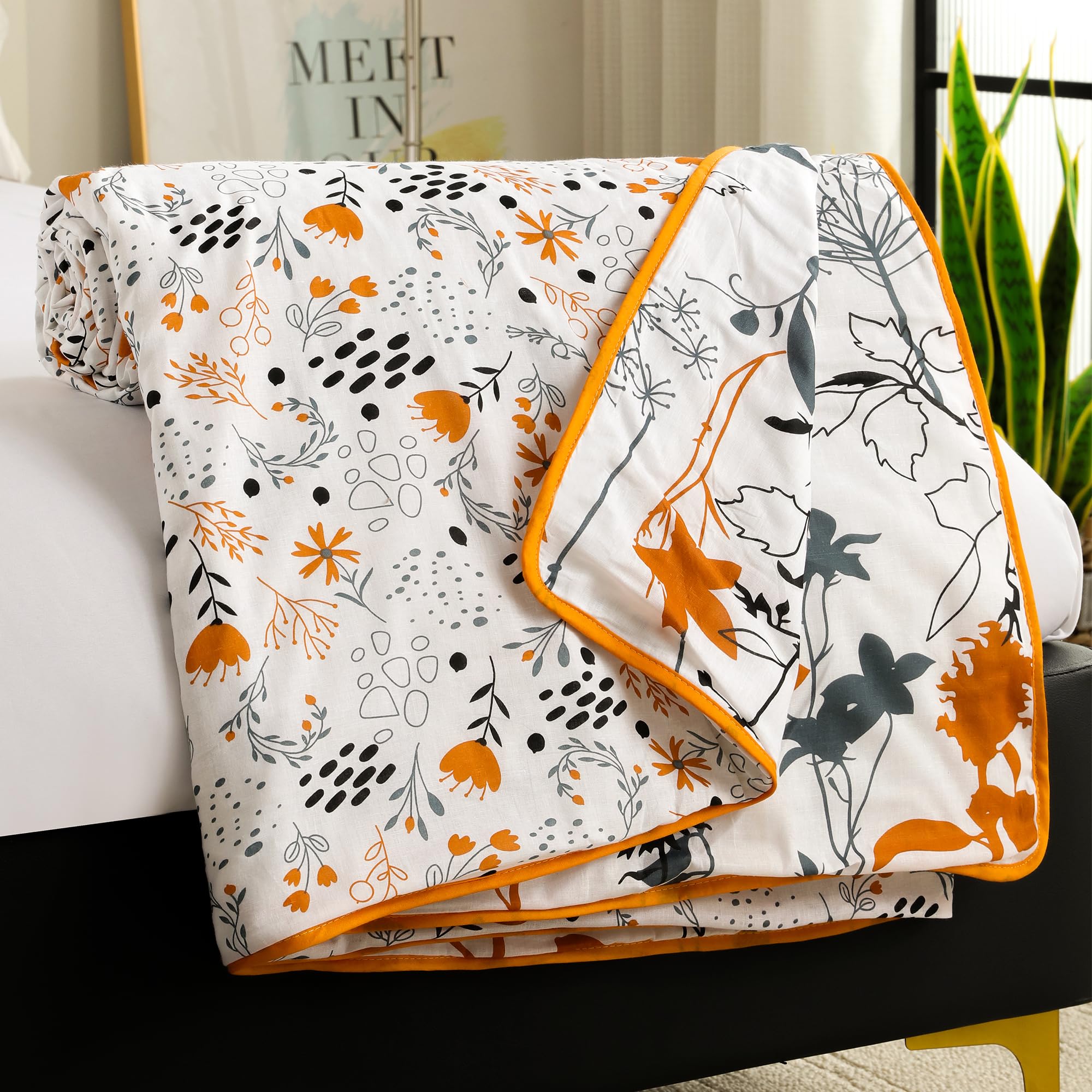 Story@Home Single Bed Dohar TC 144, 100% Pure Cotton AC Blanket for Summer,144x220cm 150gsm,Ac Quilt and Ac Comforter Single Bed, Yellow & White, Floral Pattern Cotton Duvet,All-Season Blanket Kafalo