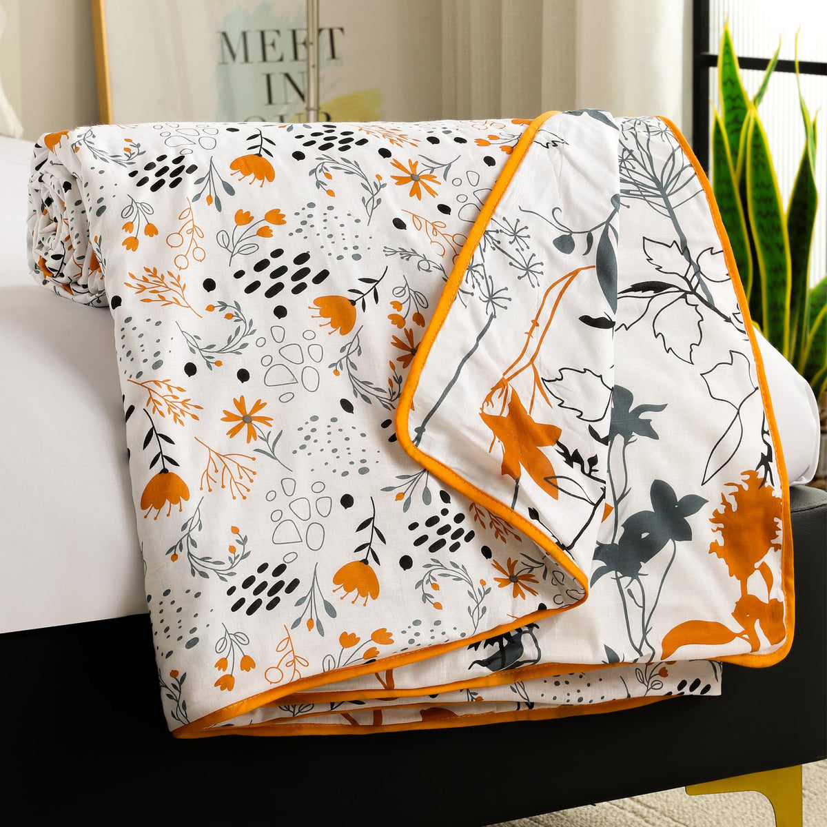 Story@Home Dohar Double Bed Cotton 100% | 150GSM Quilt AC Blanket for Summer | 225 x240 cm Reversible and Cozy AC Comforter Double Bed |Yellow & White| Floral Design Duvet | All-Season Blanket Kafalo