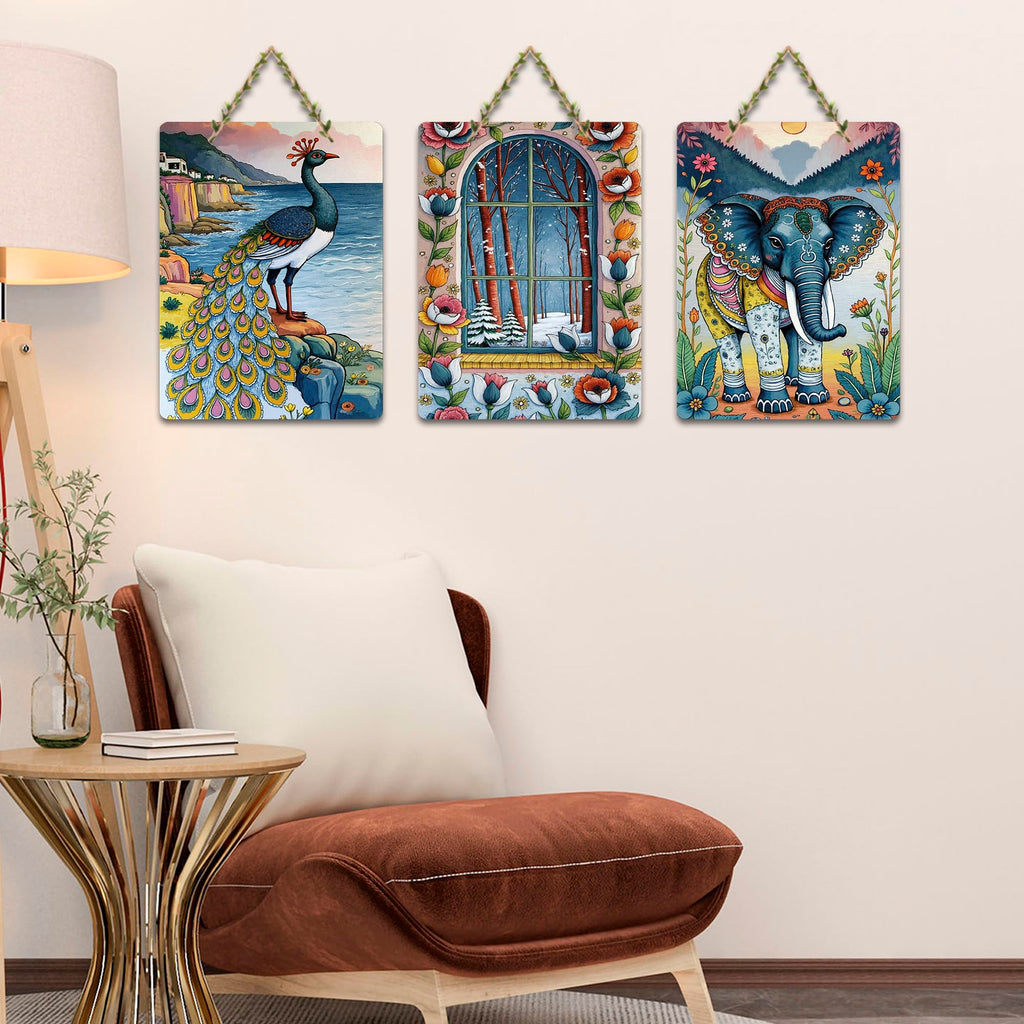 Artvibes Elegant Elephant Floral Window & Gorgeous Peacock Modern Art Decorative Wall Art MDF Wooden Wall Hanger for Home | Home Decor | Wall Accent | Wall Poster | Ideal Gifts (WH_9648N), Set of 3