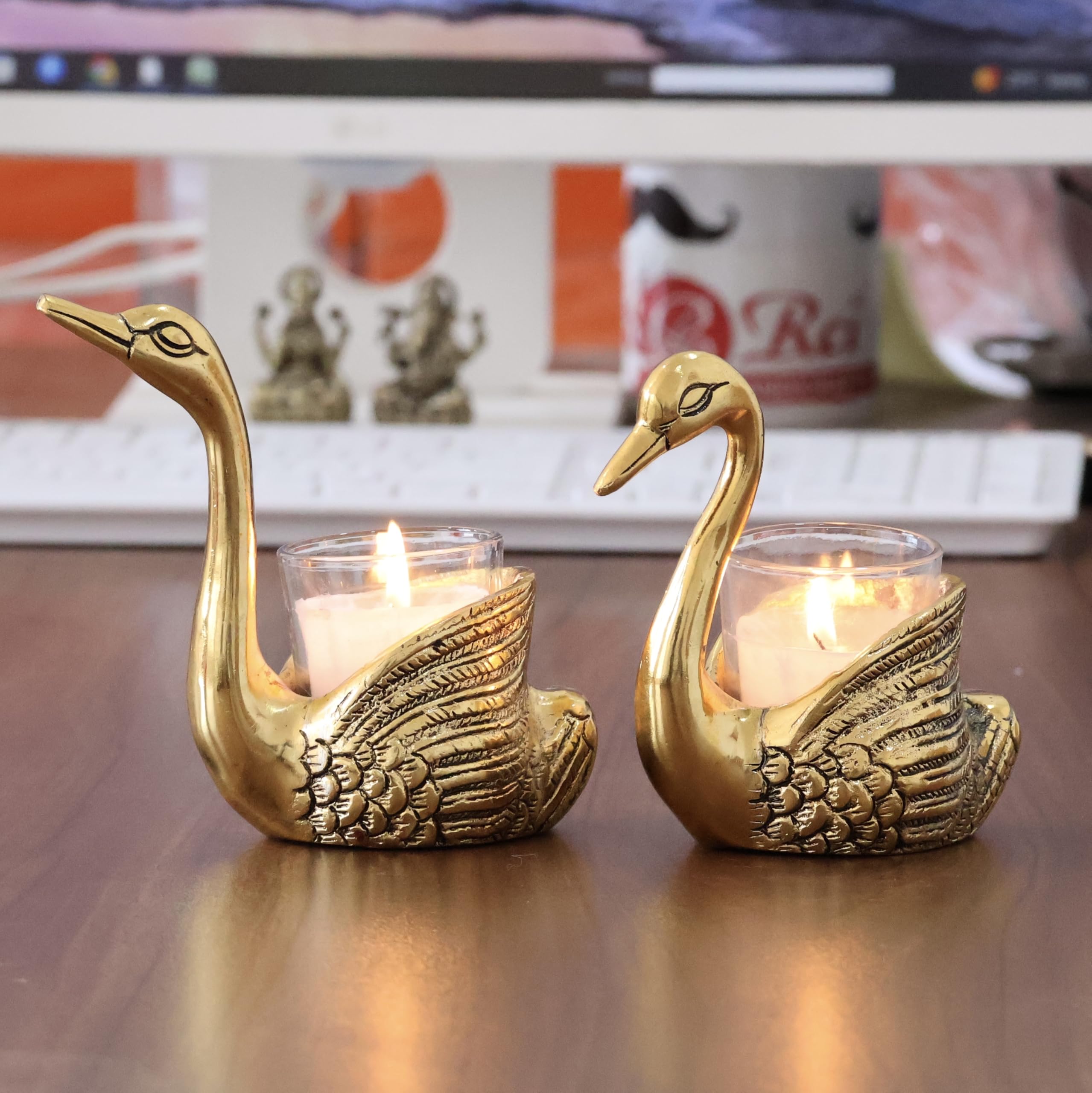 KridayKraft Aluminium Pair of Swans for Good Luck and Love | Candle Holder for Home Decor Tabletop | Showpiece for Gifting Anniversary Valentine's Day (Votive Candle Holders)