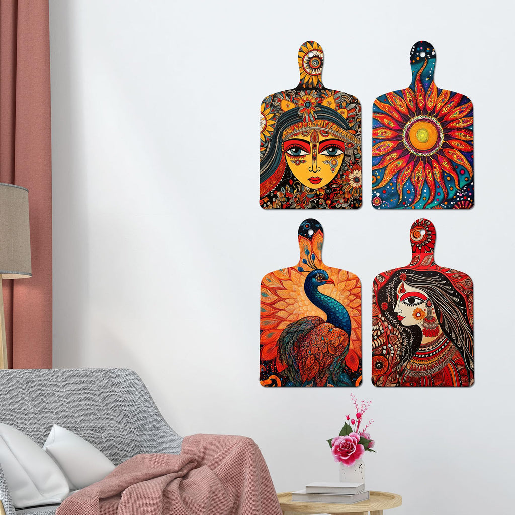 Artvibes Women Sun & Peacock Traditional Madhubani Art Decorative Wall Hanging Ornaments | Room Wall Art | Wood Decorative Items | Modern Decoration | Wall Poster | Unique Gift (WH_5639N), Set of 4
