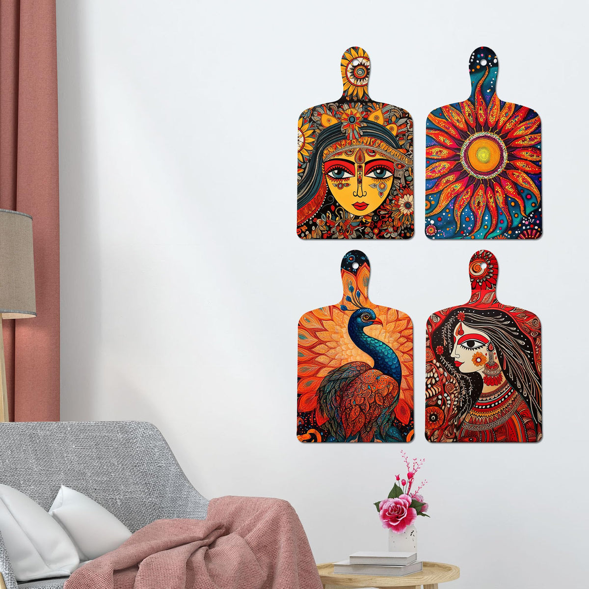 Artvibes Women Sun & Peacock Traditional Madhubani Art Decorative Wall Hanging Ornaments | Room Wall Art | Wood Decorative Items | Modern Decoration | Wall Poster | Unique Gift (WH_5639N), Set of 4