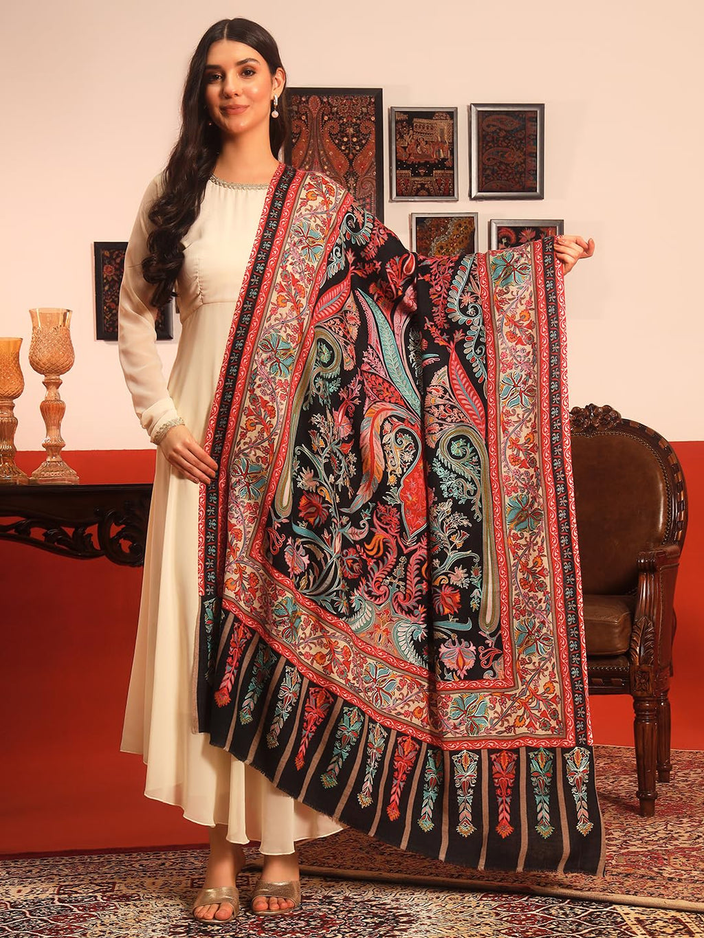 Pashmoda Women Rangkalam 100% Pure Wool Fabric Kalamkari Embroidered Shawl (Size: 40x80in, 101x203cm) KAS21