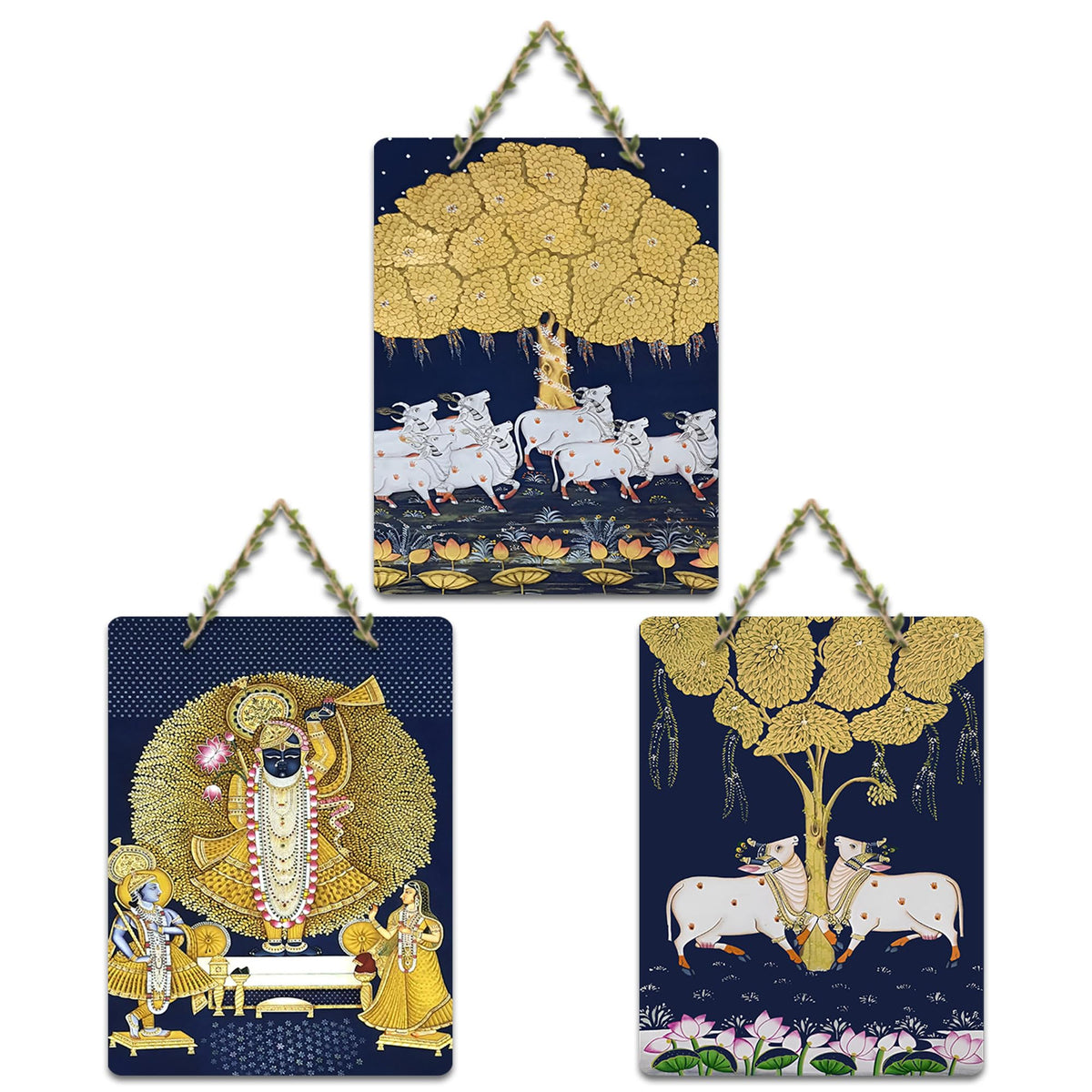 Artvibes Shrinath Ji & Cow Pichwai Art Decorative MDF Wooden Wall Art for Home | Spiritual Decor Items | Religious Wall Art | Wall Poster | Ethnic Wall Decor | Gift Items (WH_96140N), Set of 3