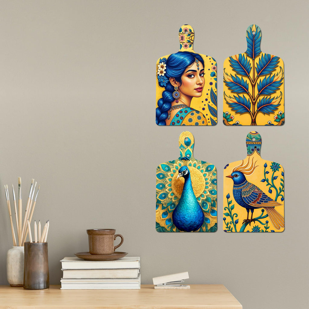Artvibes Peacock Bird & Beautiful Women Traditional Modern Art Wooden Art Decoration Item for Home | Wall Accent | Sceneries | Wall Illustrations | Graphic Artwork | Gift Items (WH_5633N), Set of 4
