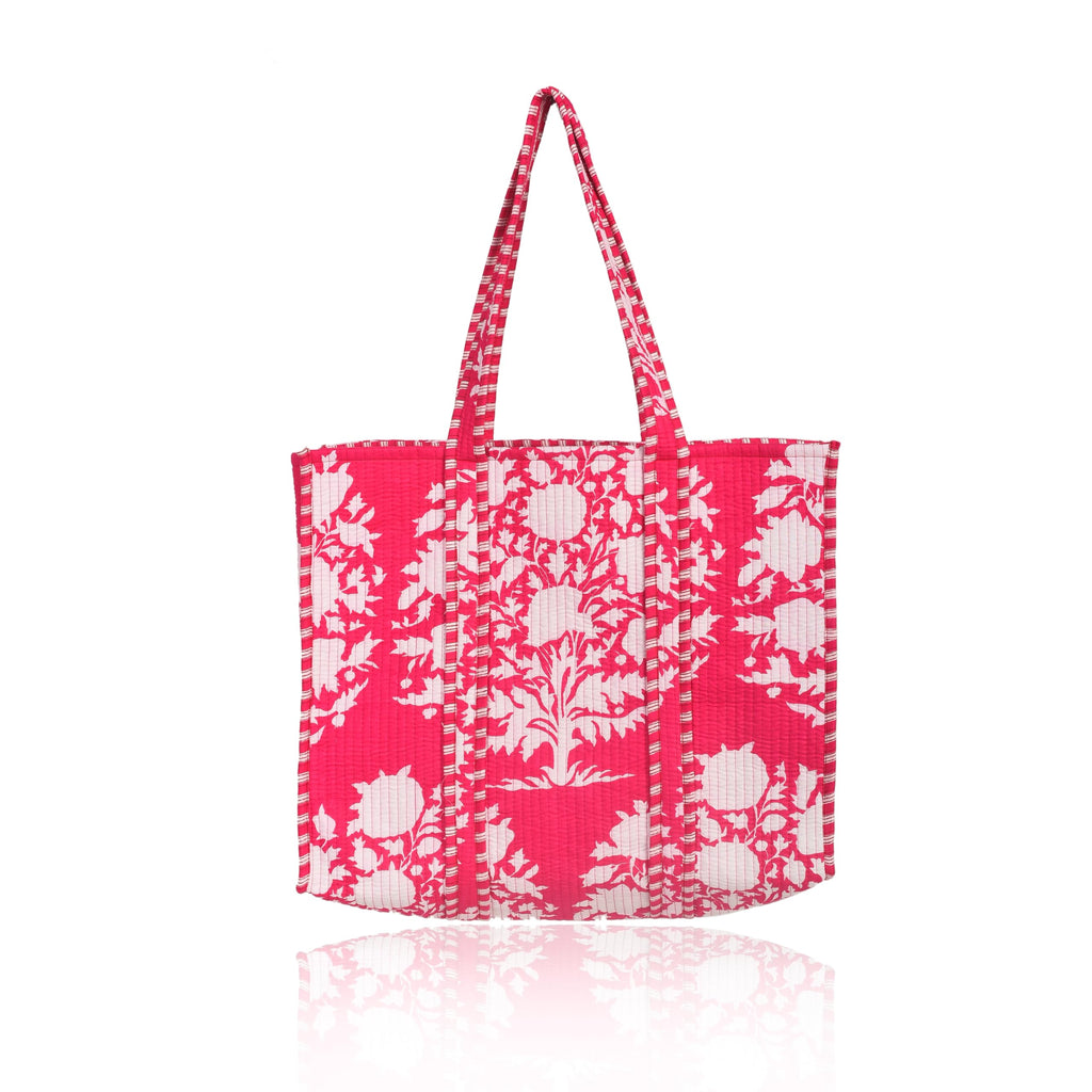 Beautiful Cotton Quilted Tote Bag For Multipurpose tote bag, Shoulder Bag,Shopping bag, Pink Flower Reversible bag.18x15x5.5 Inch