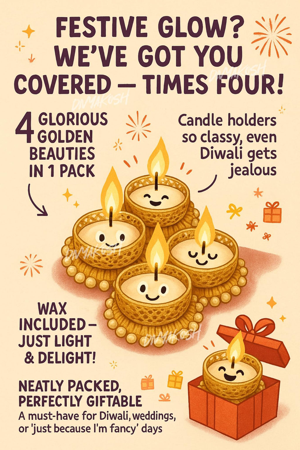 Divyakosh Metal Tea Light Candle Holder Set of 4 Pcs, Deepawali Tlight for Decoration, Diya for Home Decor| Designer Candle Holders | Diwali Gift, Gift Items |, Gold & White