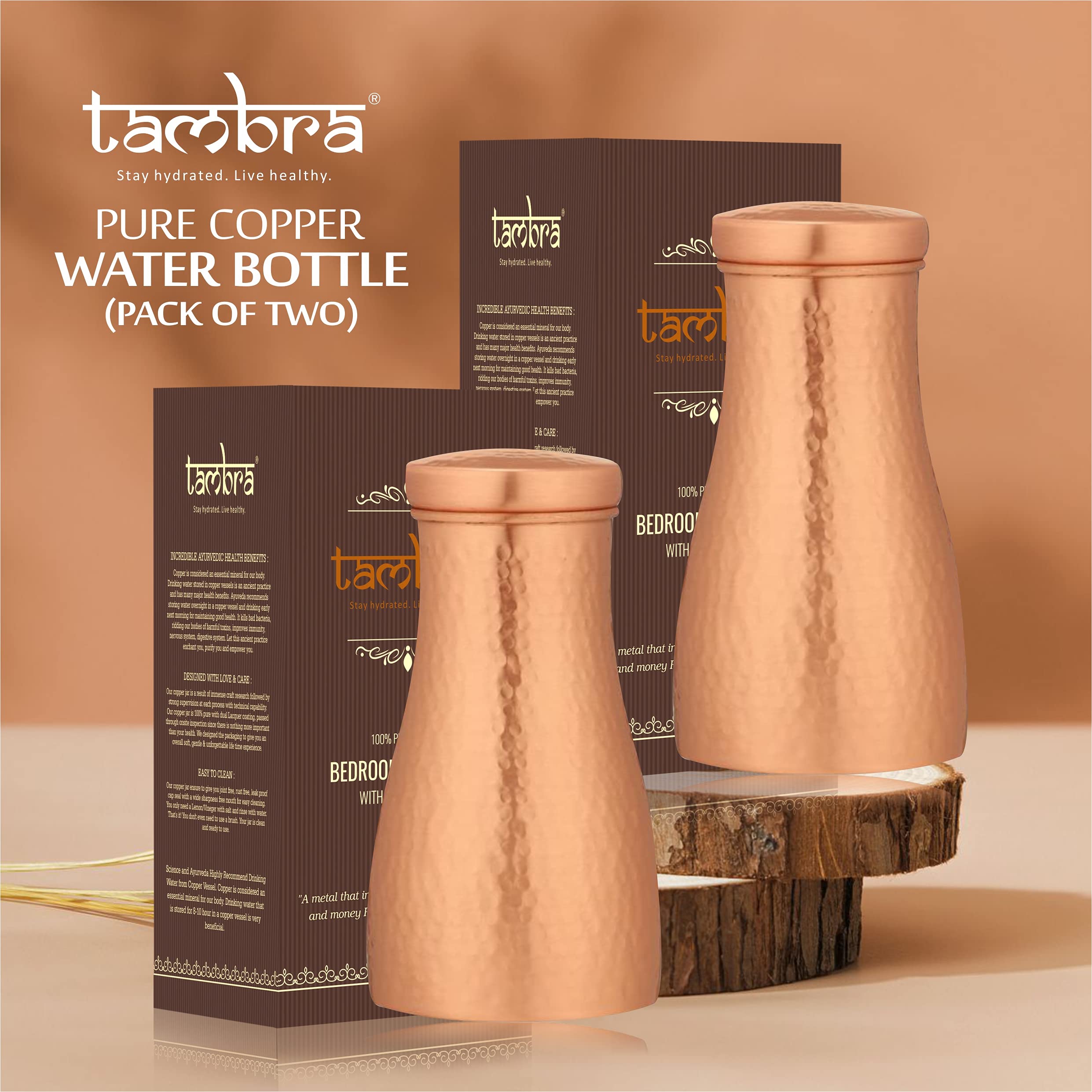 Tambra Copper Bedroom Jar with Inbuilt Glass | Hammered Design | Handcrafted, Leakproof, Jointless | Ayurvedic Benefits, Antioxidant Properties | 1200 ml (Pack of 2)