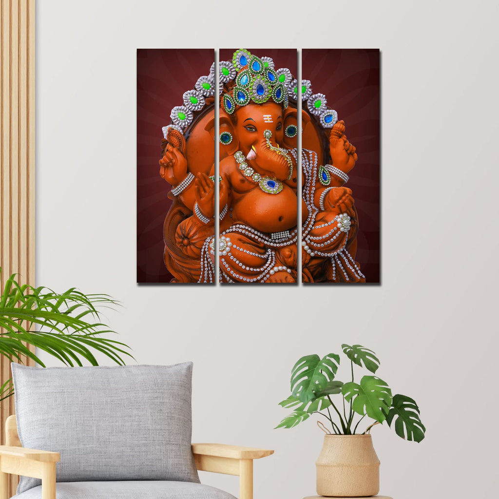 VIBECRAFTS 3 Pieces Beautiful Ganesh Ji Canvas Wall Painting Fitted With Wooden Frame For Home | Office | Living Room | Gifts (PTVC3Pcs1_9571)