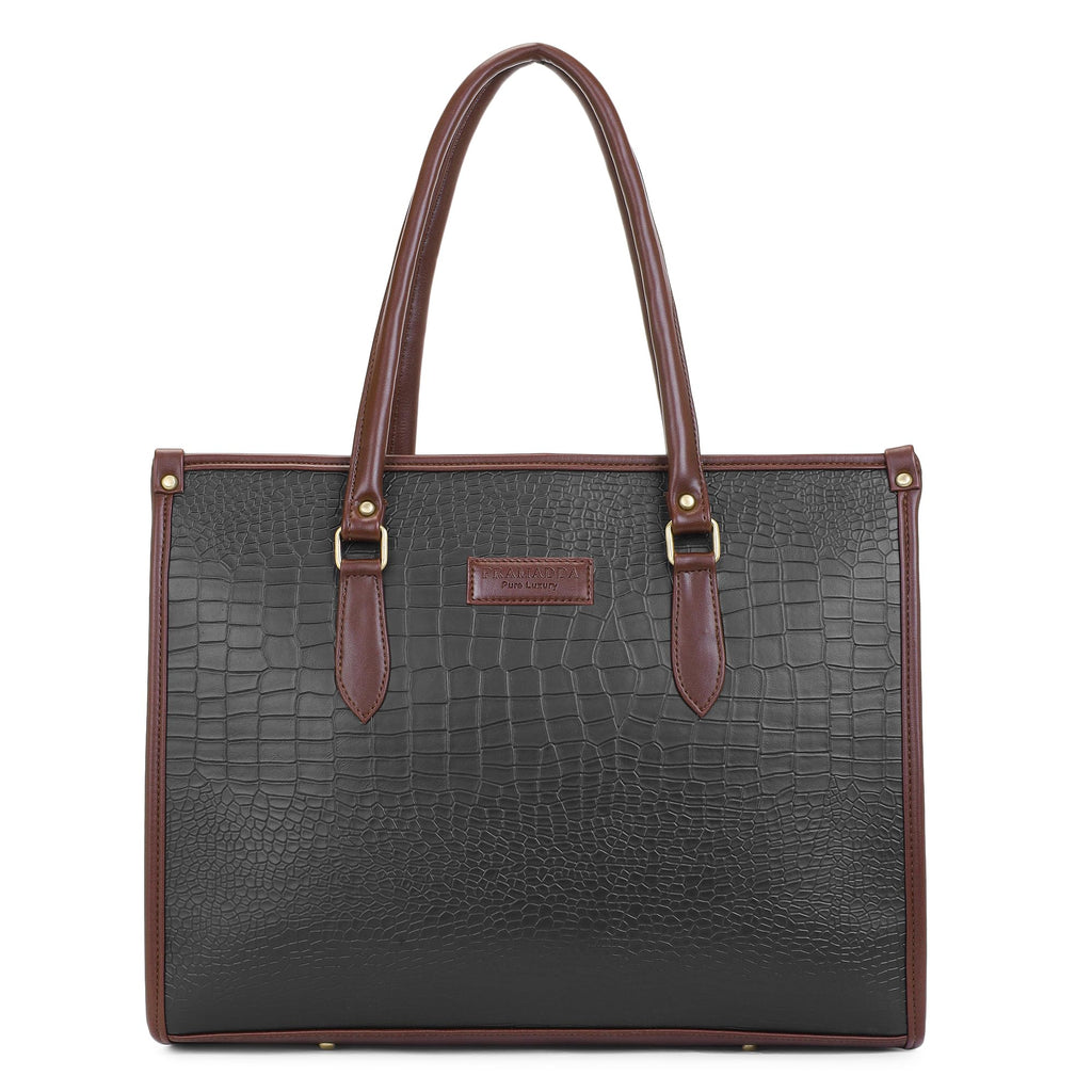 Pramadda Pure Luxury Bianca Laptop Tote bag for women office use | Large Handbags for woman | Stylish Tote bags for college | Bags for women latest. (Bold Black)