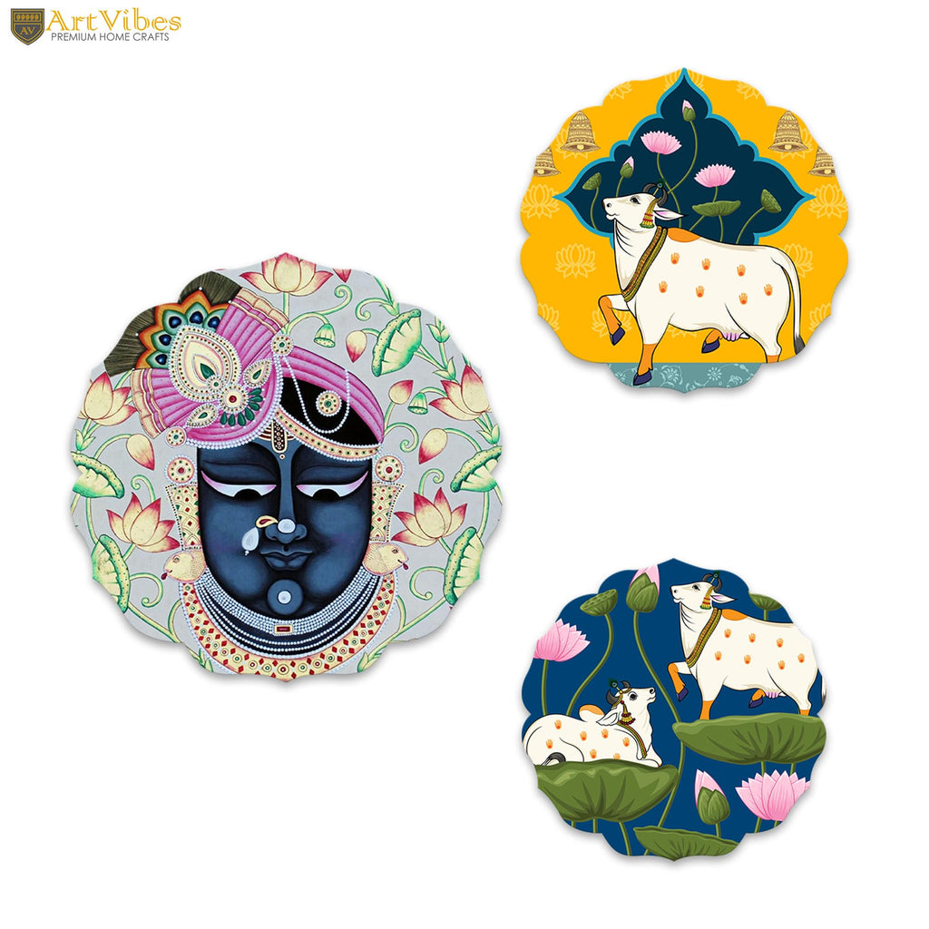 Artvibes Shrinath Ji & Sacred Cow Pichwai Art Round Shape MDF Wooden Wall Decor Items | Living Room | Handcrafted Art | Wall Illustrations | Art Print | Aesthetic Wall Art | Gift (WH_8803NN), Set of 2