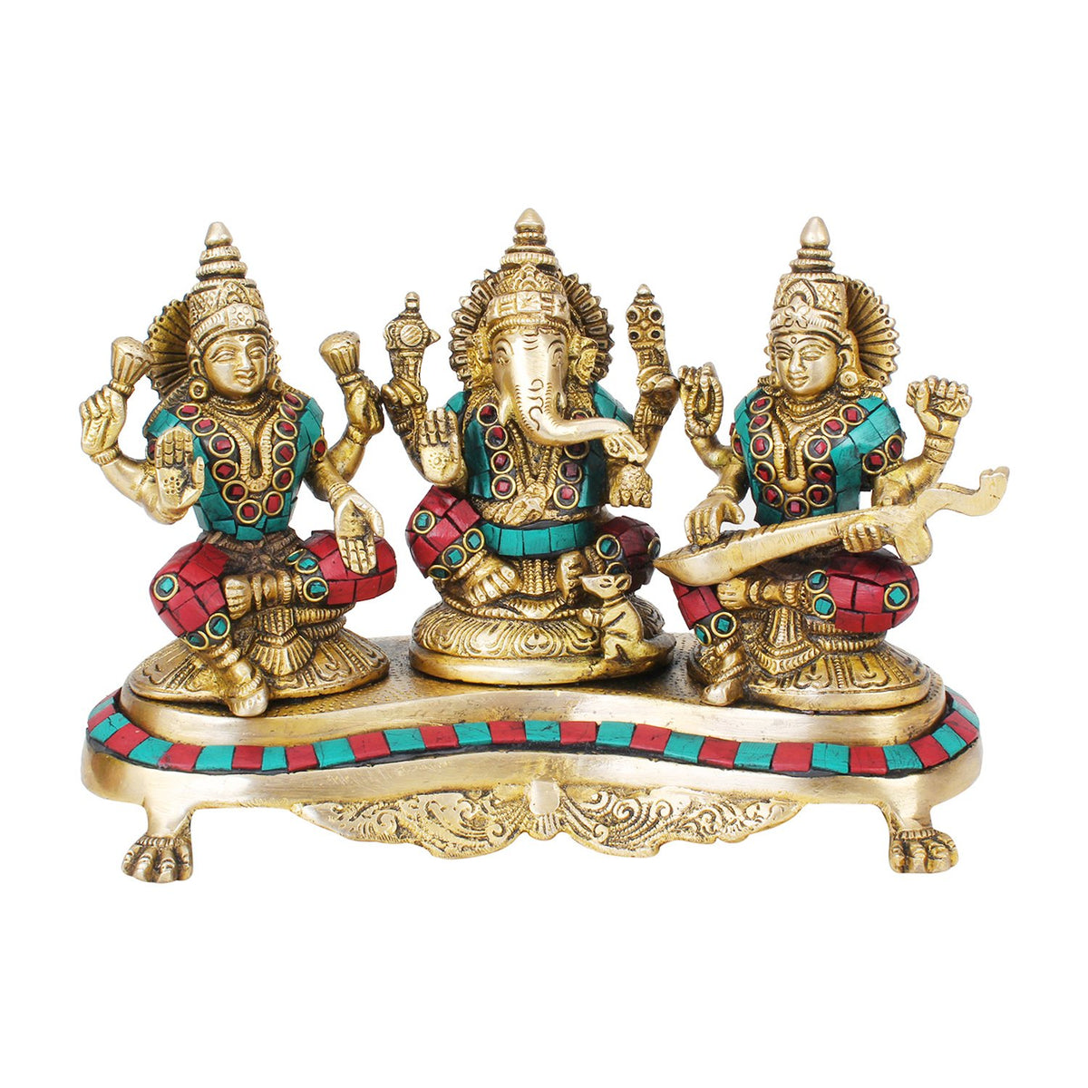 SVARUP Brass Goddess Lakshmi laxmi Ganesha Ganesh and Saraswati Idol for Diwali Pooja Home Decor Multicolor (Height 6 inch Weight 3.30 Kg)