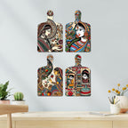 Artvibes Beautiful Women Planting Tree Royal Madhubani Art Wooden Art Decoration Item for Living Room | Printed Wall Decoration | Art Print | Graphic Artwork | Unique Gift Items (WH_5632N), Set of 4