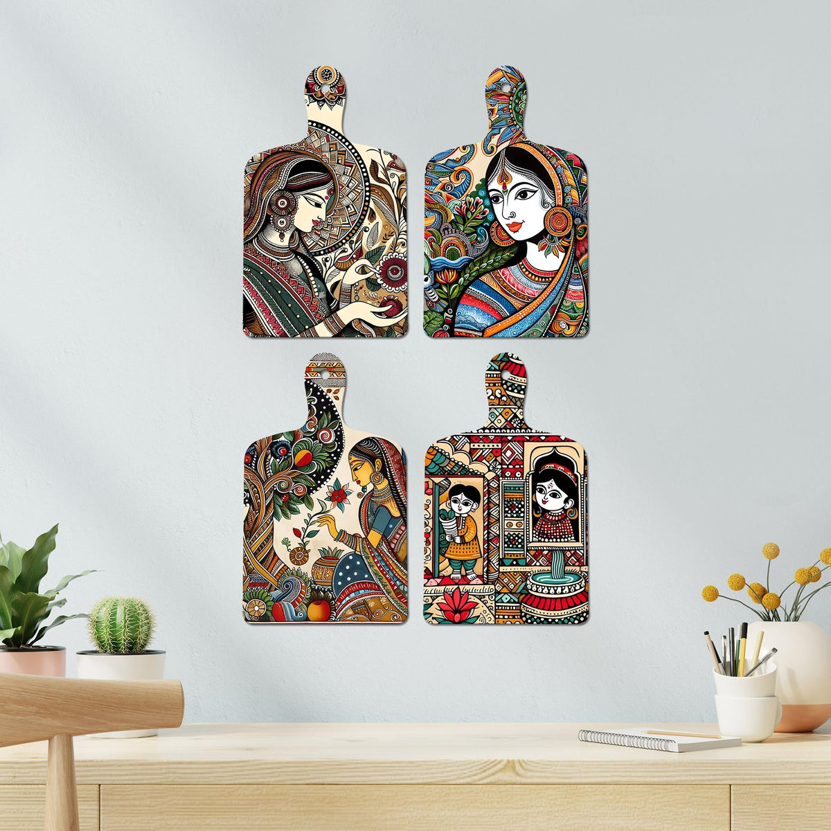 Artvibes Beautiful Women Planting Tree Royal Madhubani Art Wooden Art Decoration Item for Living Room | Printed Wall Decoration | Art Print | Graphic Artwork | Unique Gift Items (WH_5632N), Set of 4