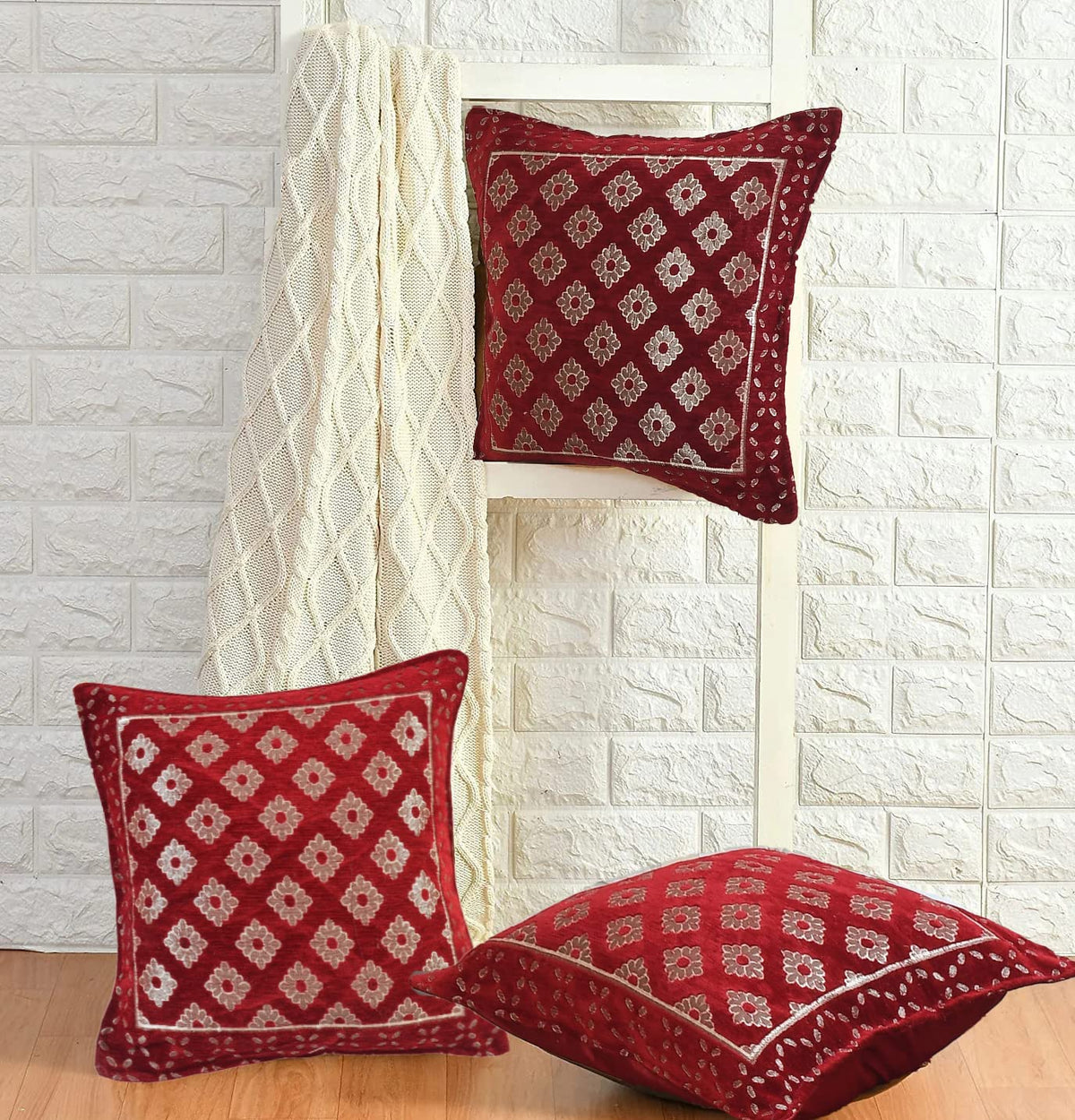 DECOMIZER Jacquard Geomteric Cushion Covers 16 Inch X 16 Inch Set Of 3 Ethnic Motifs 240 TC Cushion Covers,Design- Diamond,Color- Maroon