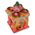 KSI Lakshmi Ganesh Temple for Diwali Puja with 4 Diyas on top, Made of Earthen Clay Lakshmi Ganesh Murti for Diwali Puja, 13 cm x 13 cm x 20 cm (LxWxH)