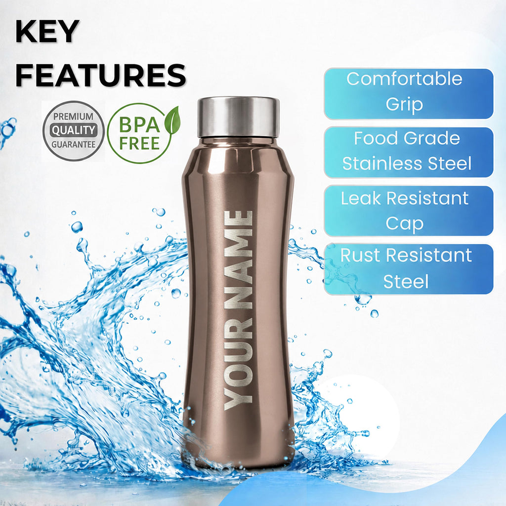 Speedex Customised Stainless Steel Water Bottle 1 Ltr with Engraved Name – Personalised Screw Lid Bottle for Kids, Men & Women, School, Office, Gym, Copper Gold, Set of 1