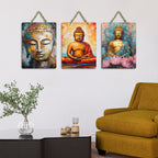 Artvibes Buddha Wooden Wall Haning for Living Room | Spiritual Decor Items | Wall Art Painting For Hall | Wall Paintings | Handcrafted Art | Ethnic Wall Decor | Gift Items (WH_96143N), Set of 3