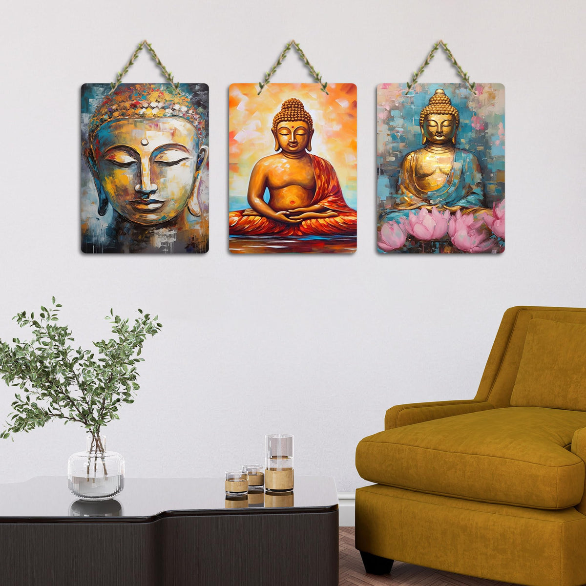 Artvibes Buddha Wooden Wall Haning for Living Room | Spiritual Decor Items | Wall Art Painting For Hall | Wall Paintings | Handcrafted Art | Ethnic Wall Decor | Gift Items (WH_96143N), Set of 3