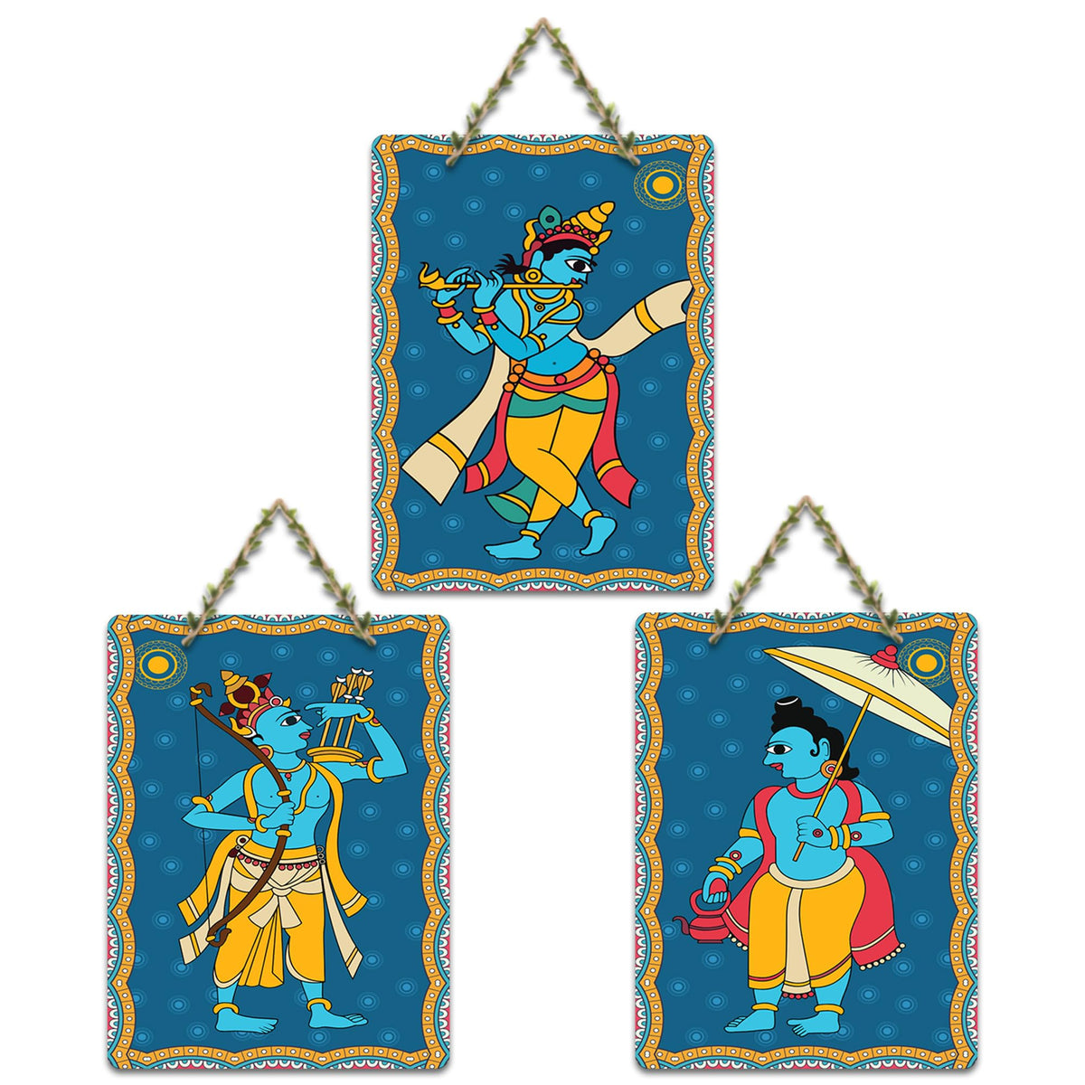 Artvibes Divine Shri Krishna & Ram Indian Religious Art Wooden Wall Hanger for Home | Spiritual Decor Items | Wall Poster | Artwork| Stylish Modern Decor Item | Gift Items (WH_96182N), Set of 3