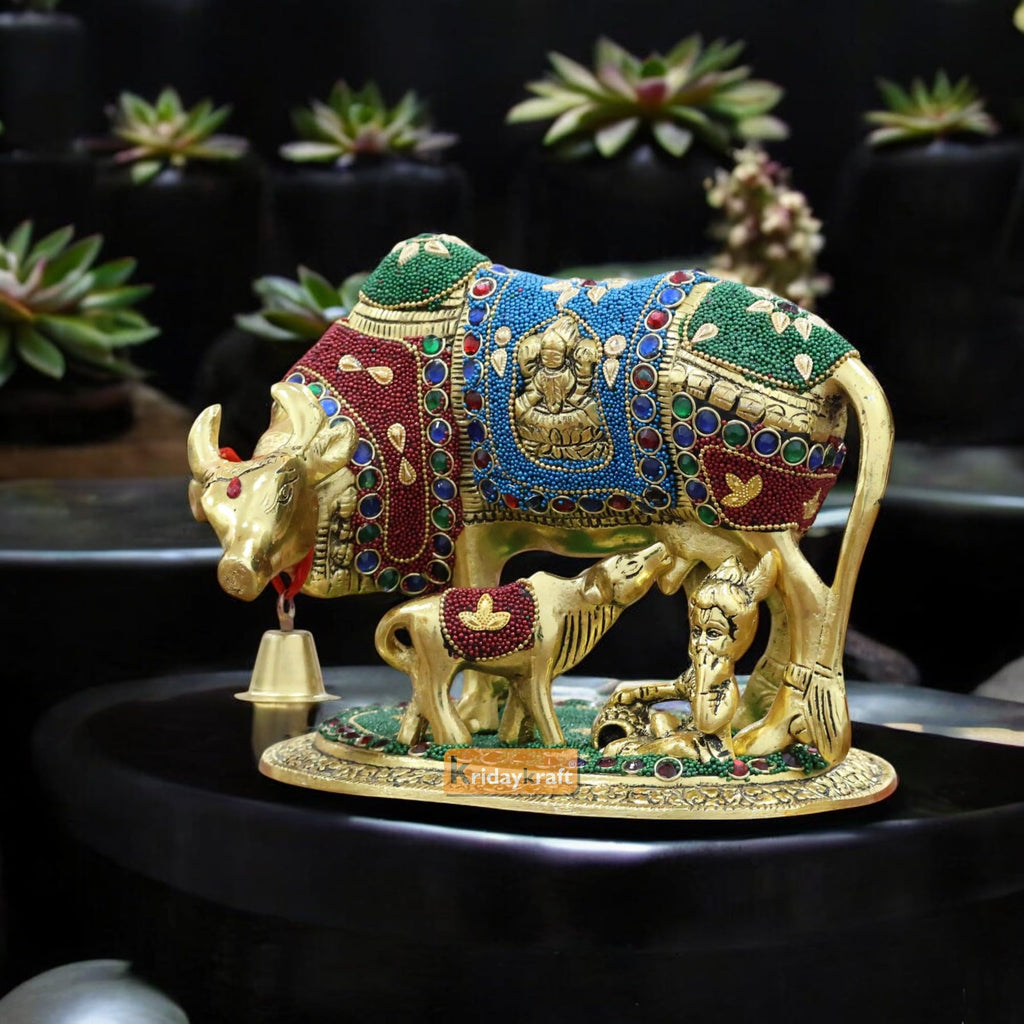KridayKraft Kamdhenu Cow Calf Bal Gopal Krishna Metal Statue, Gold Stone XL