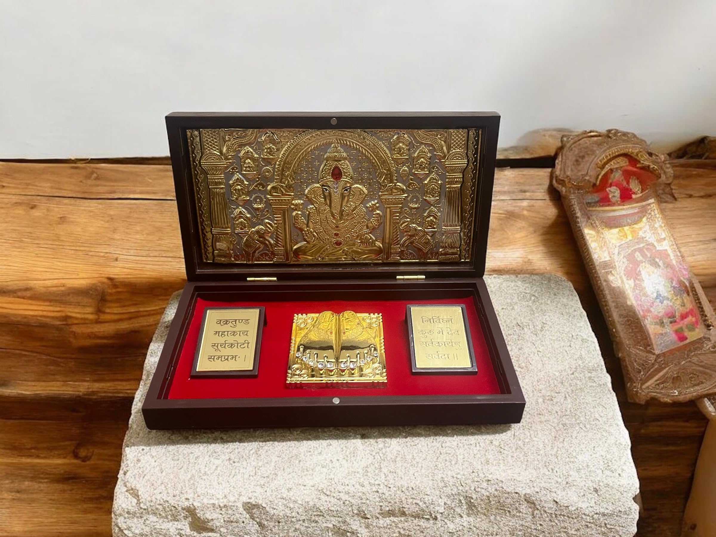 CharmInSilver 24k Gold Plated & 999 Pure Silver Coated | Lord Ganesh Charan Paduka Pooja Box | Packet Temple | Suitable Gift for Diwali,Occassions,Wealth,Prosperity and Vastu Benefits