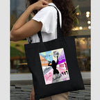 Peach Blossom Printed Cotton Zipper Tote Bags | CBAG - BLK- 9 GIRL TRIA