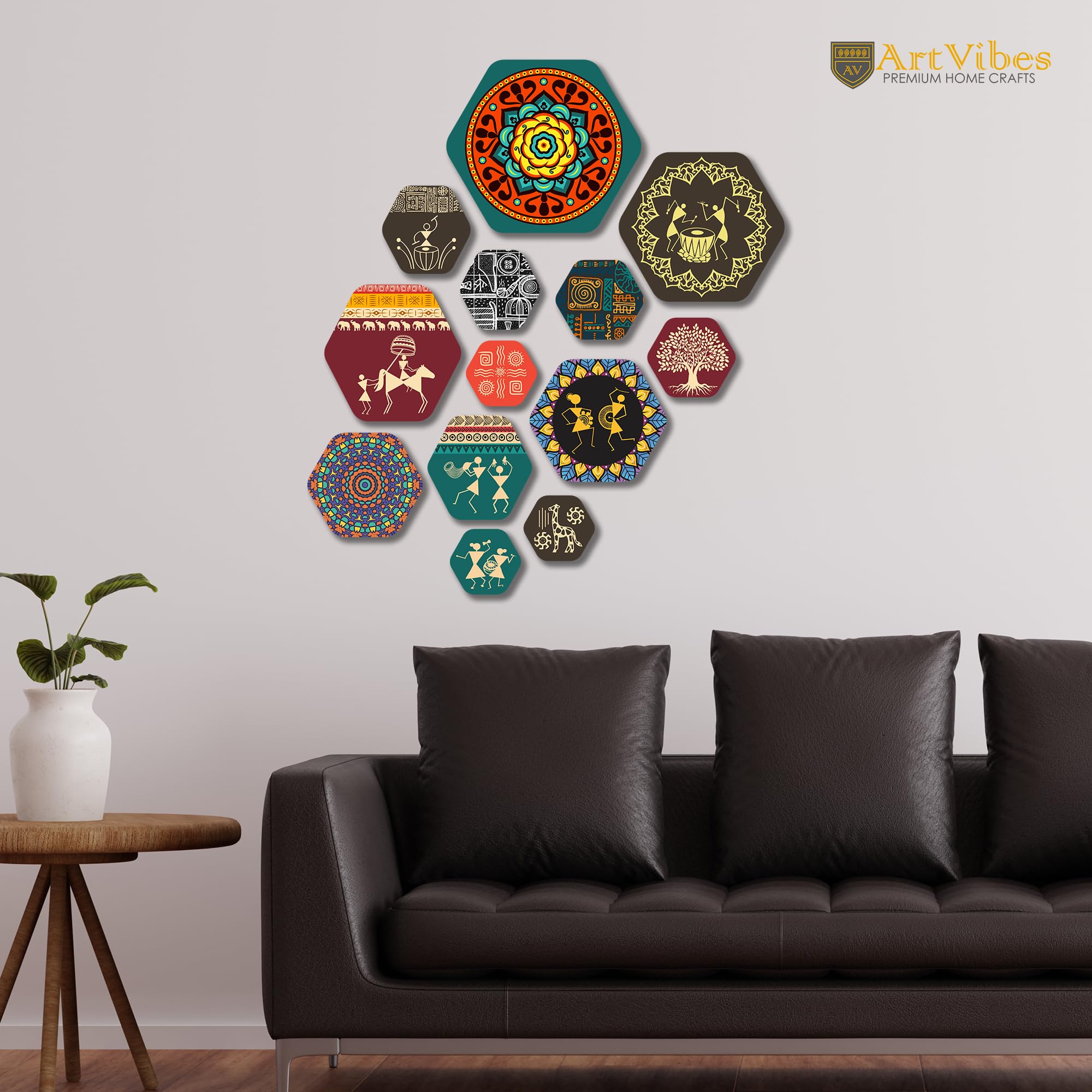 Artvibes Mandala Pattern Hexagon Shape MDF Wooden Wall Decor Items | Living Room | Office | Cafe | Handcrafted Art | Wall Accent | Art Painting | Artworks Hangings | Gift Items (WPS_217N), Set of 13