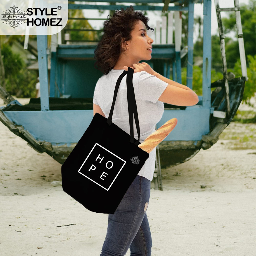 Style Homez Classic Eco-Friendly & Reusable Cotton Canvas Grocery Tote Bag, Medium Size 16 x 14 Inch Black Color (HOPE)