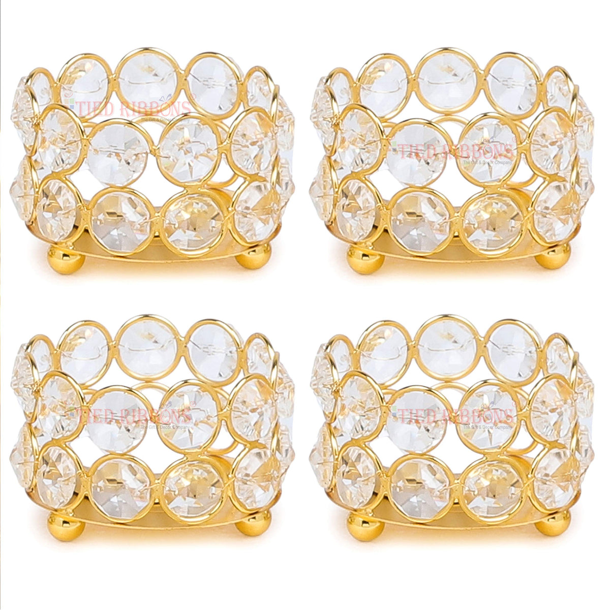 TIED RIBBONS Pack of 4 Crystal Tealight Candle Holder Centerpieces Votive Candle Holders - Decorations Items for Home Dining Table (5.8 cm X 4.3 cm) - Home Décor - Gifts Item