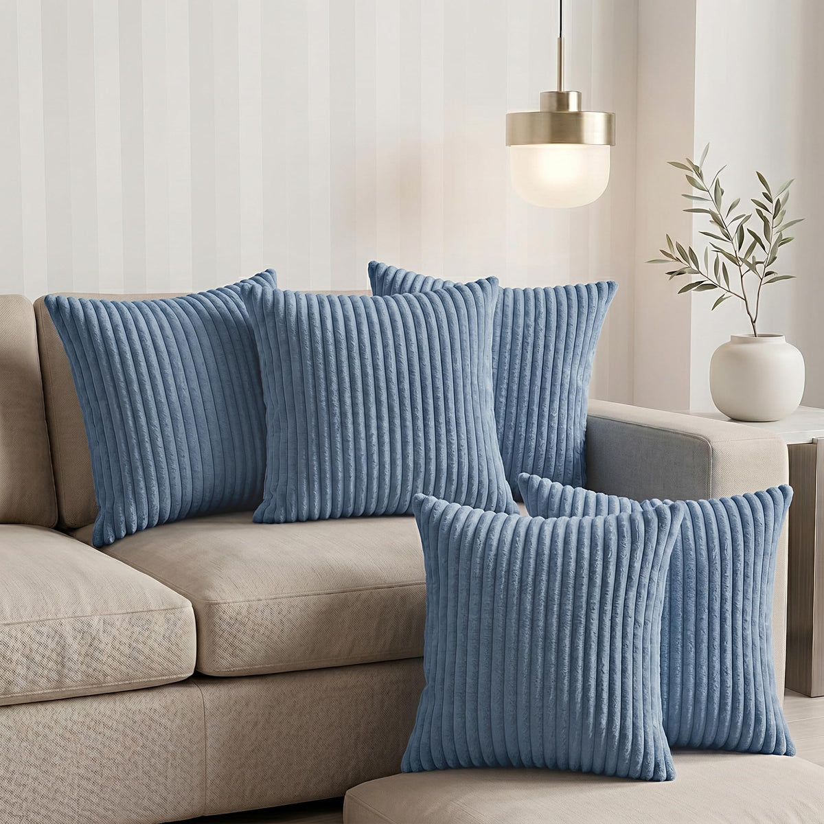 Yellow Weaves Pencil-Stripe Fur Cushion Covers | Soft Polyester | Decorative Sofa & Throw Pillow Covers | 16x16 Inches, Pack of 5 (Sky Blue)