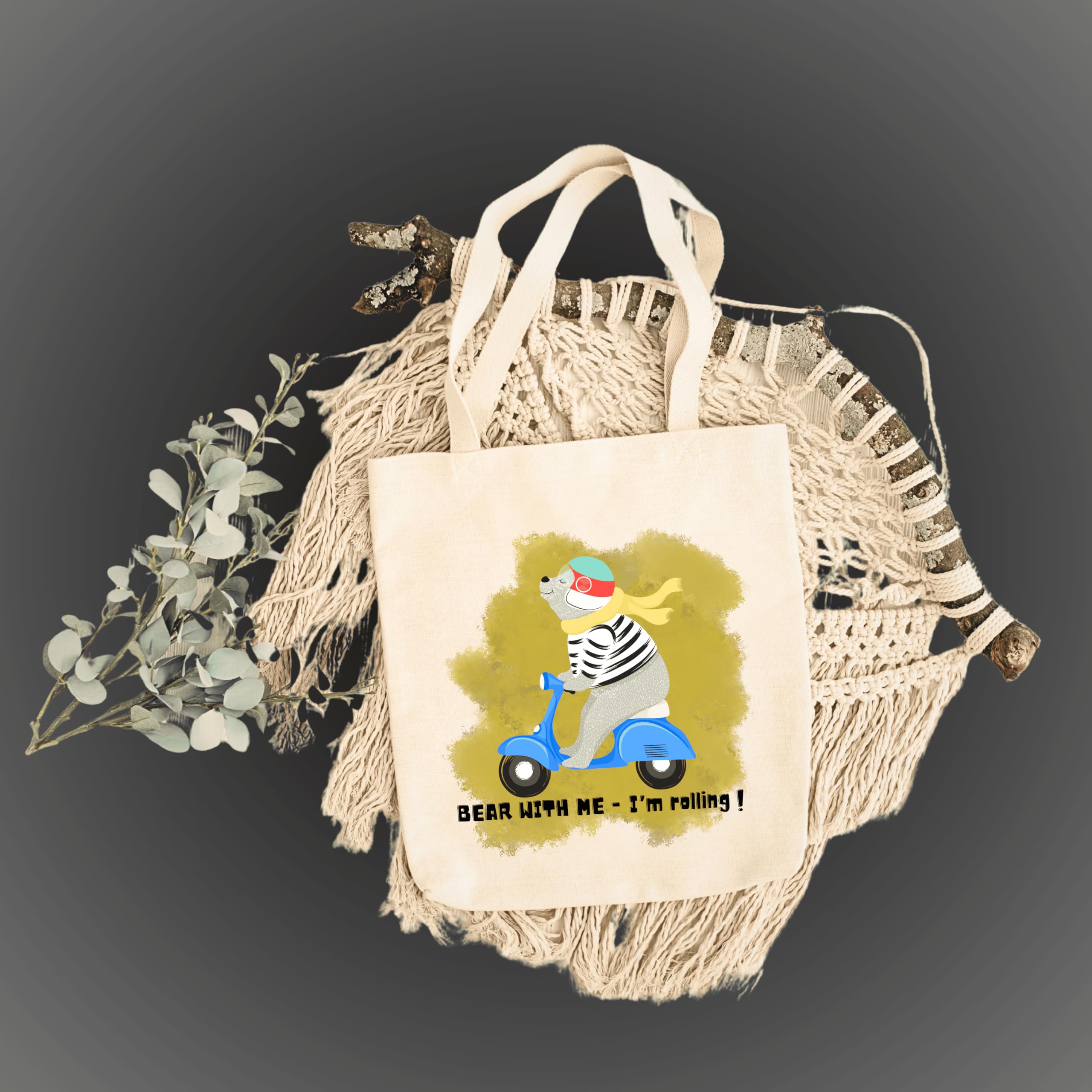 snapiq COTTON 350 GSM Canvas Tote Bag for Women and Girls Thick Fabric with Zipper (Beige, Bearbike2)
