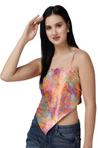 POPWINGS Women Casual Multicolor Printed Satin Scarf Knot Solid Crop Top - Regular Fit, Large