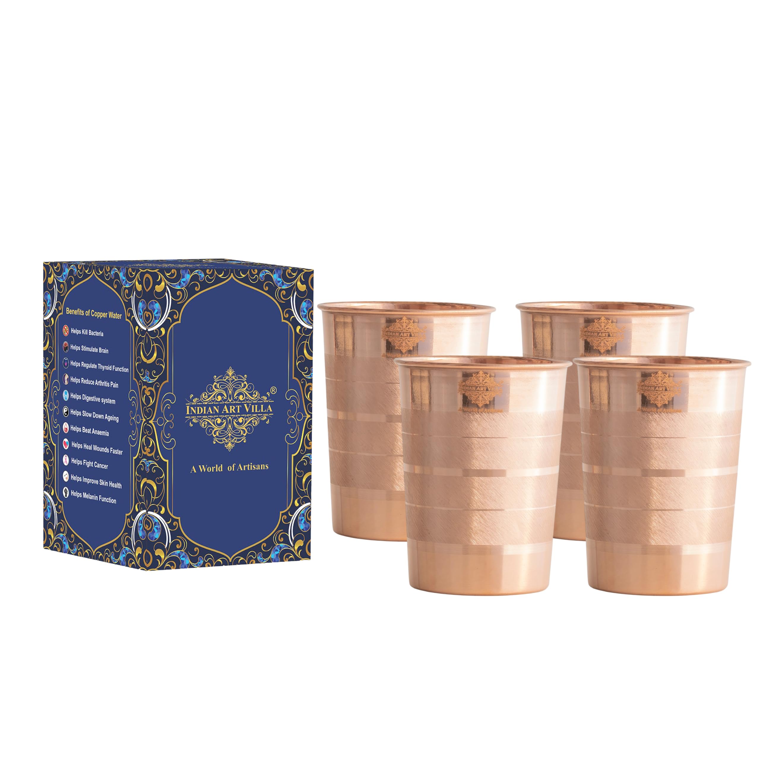 INDIAN ART VILLA Luxury Design Pure Copper Glass – 275 ML, Elegant Drinkware for Water, Ayurvedic Benefits, and Daily Use, Perfect for Home, Office, and Gifting, Set of 4