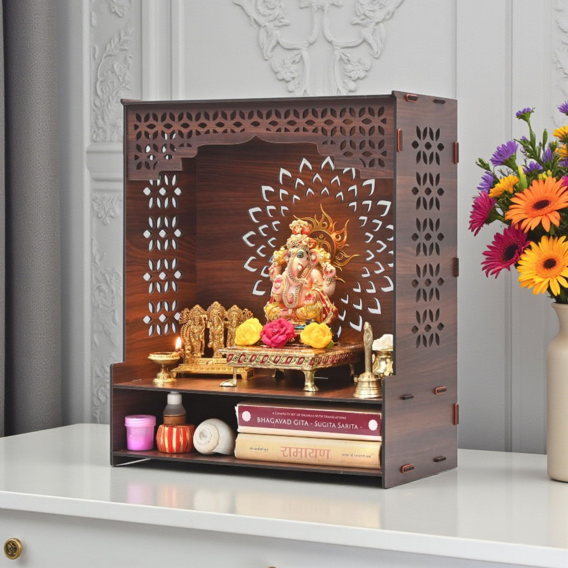 Gift Kya De GKD Wooden Beautiful Pooja Stand for Home Mandir | Floral Om Temple for Home and Office Puja Mandir for Office Wall with LED Spot Light Product (H- 18, L- 16, W-8.75 Inch) (Floral Om)