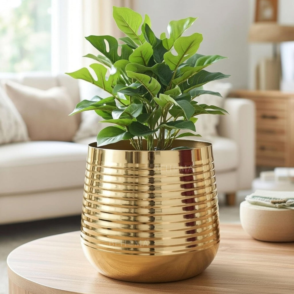 BEHOMA Metal Ribbed Design Planter for Home, Golden