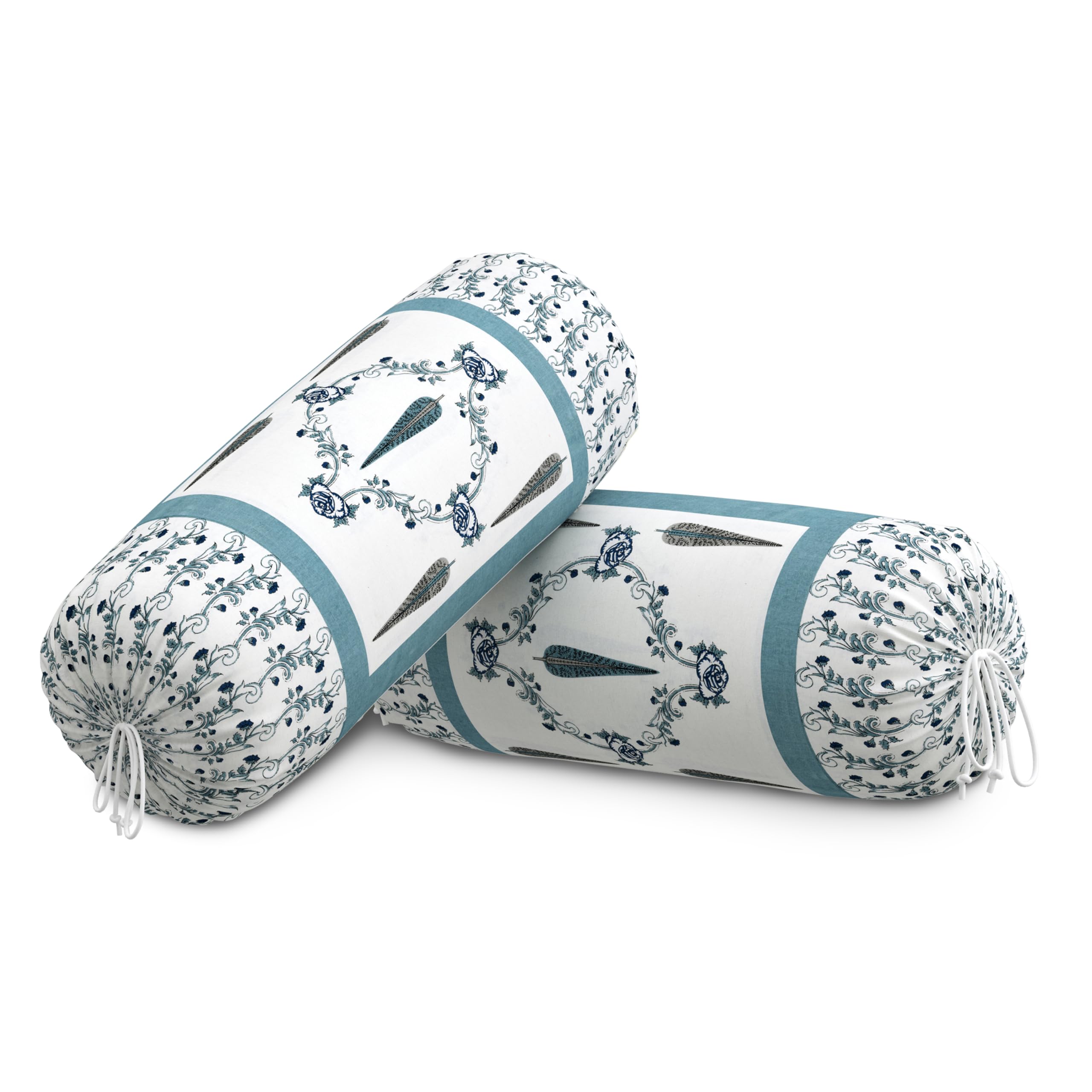 BLOCKS OF INDIA Cotton Hand Block Printed Bolster Cover | Booster Cover with Drawstring | Round Long Pillow Cover for Bed | Dewan Pillow Cover Set 16 X 32 | Set of 2 (Grey Patti)