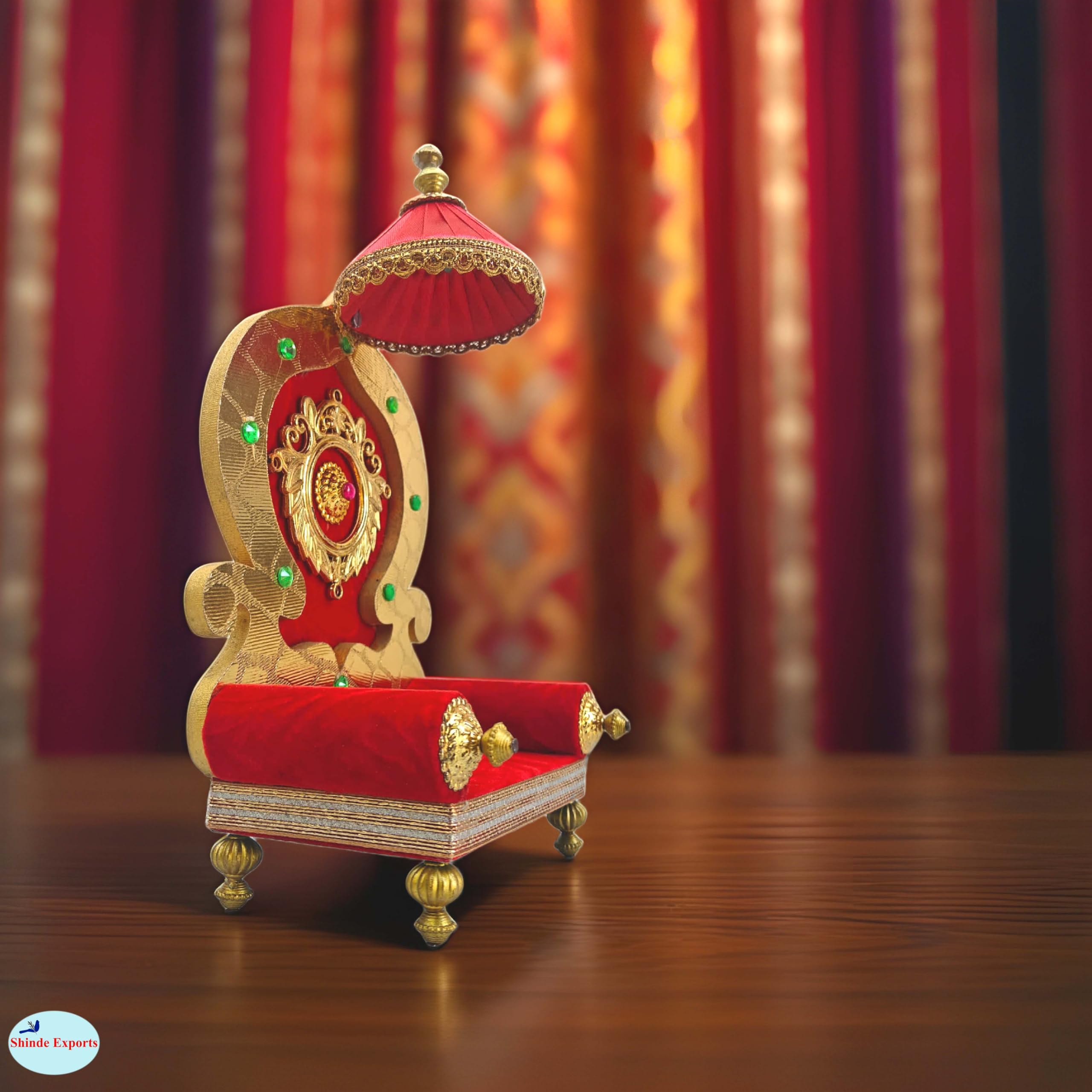 Shinde Exports Wooden Singhasan Throne for God Laddu Gopal Lord Thakur Pooja (Gold) (Royal 9 inches)