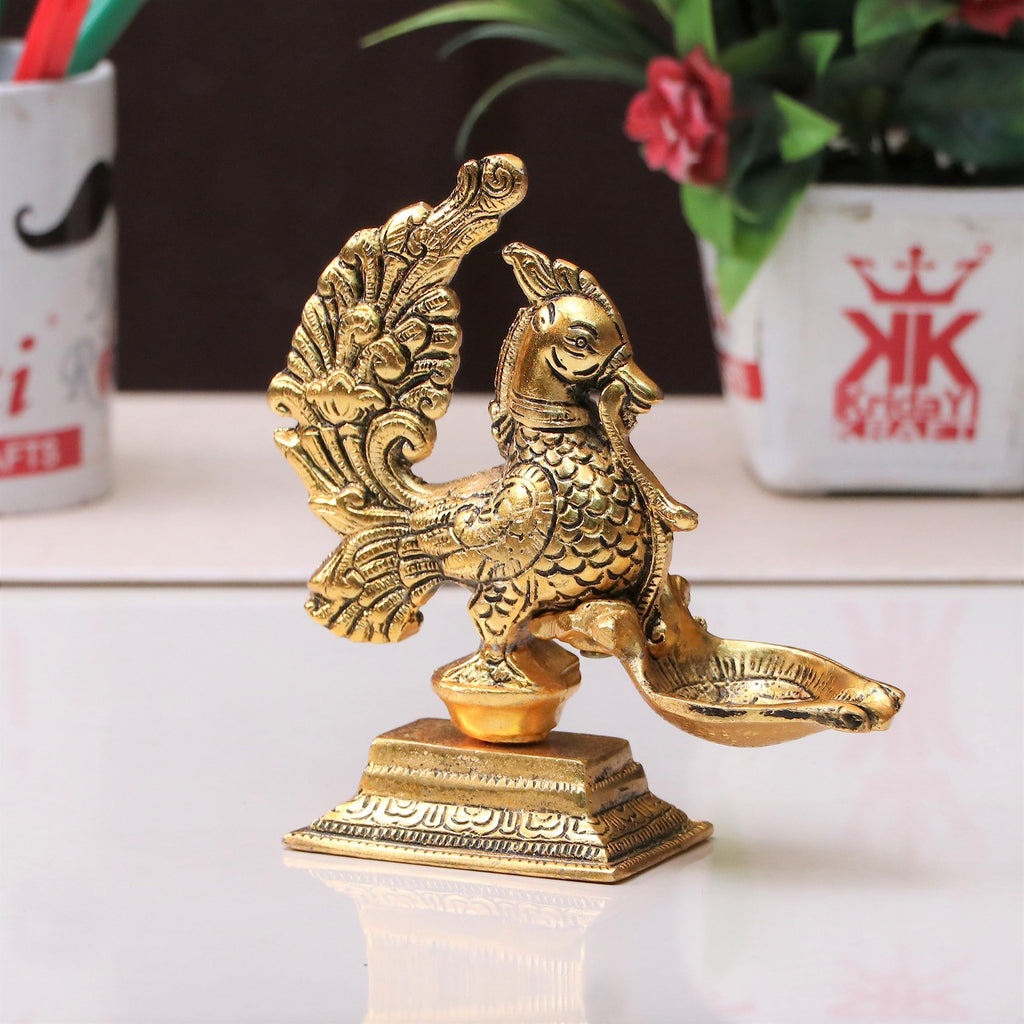 KridayKraft annapakshi deepam Set of 2 pca Metal Handmade with Curved Oil Lamp Antique Peacock Deepak for Home Decor Temple Puja Office Counter Diwali Decoration Festival Gift (Light)