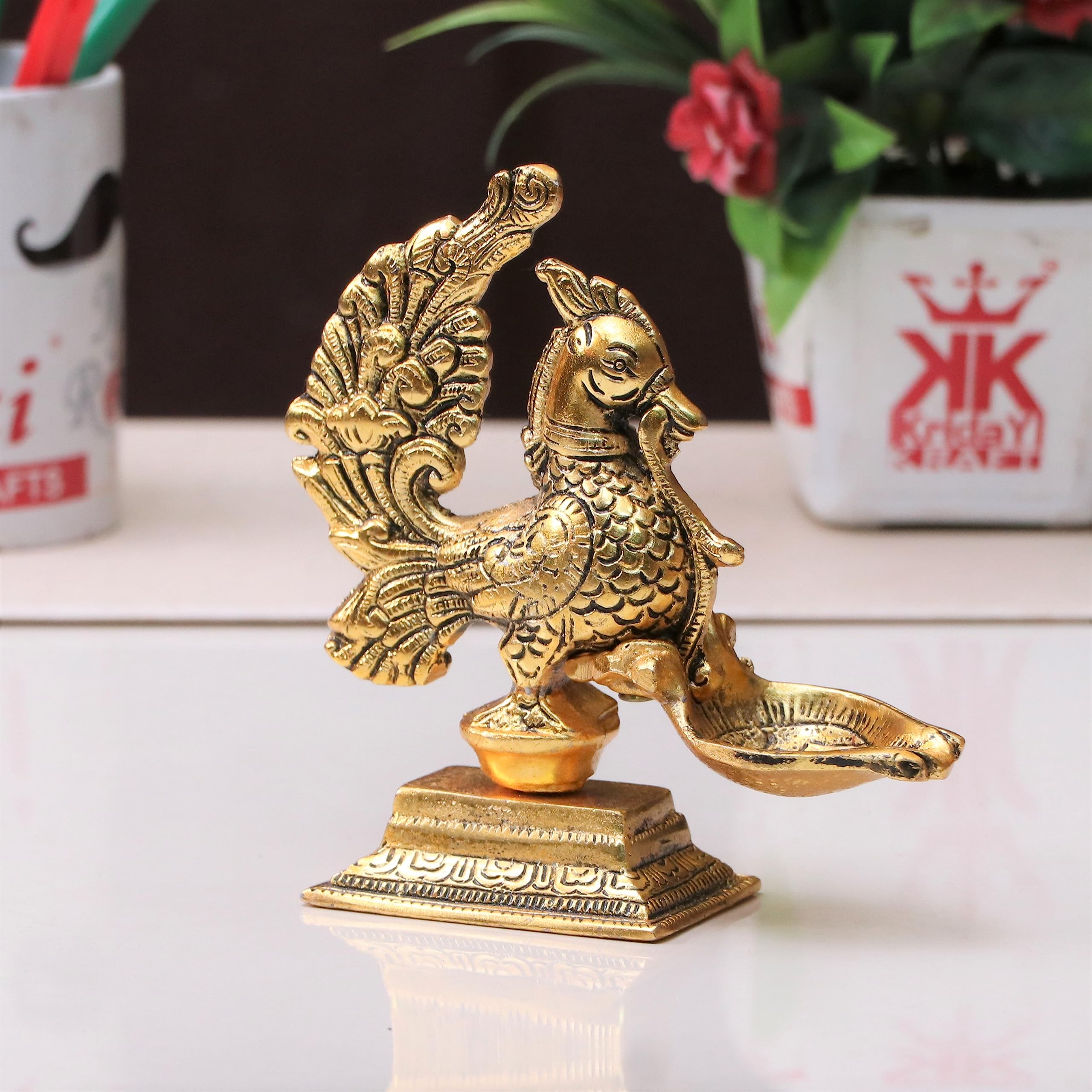 KridayKraft annapakshi deepam Set of 2 pca Metal Handmade with Curved Oil Lamp Antique Peacock Deepak for Home Decor Temple Puja Office Counter Diwali Decoration Festival Gift (Light)