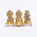 KridayKraft Laxmi Ganesh Saraswati Metal Idol Decorative Platter with Diya (Gold)