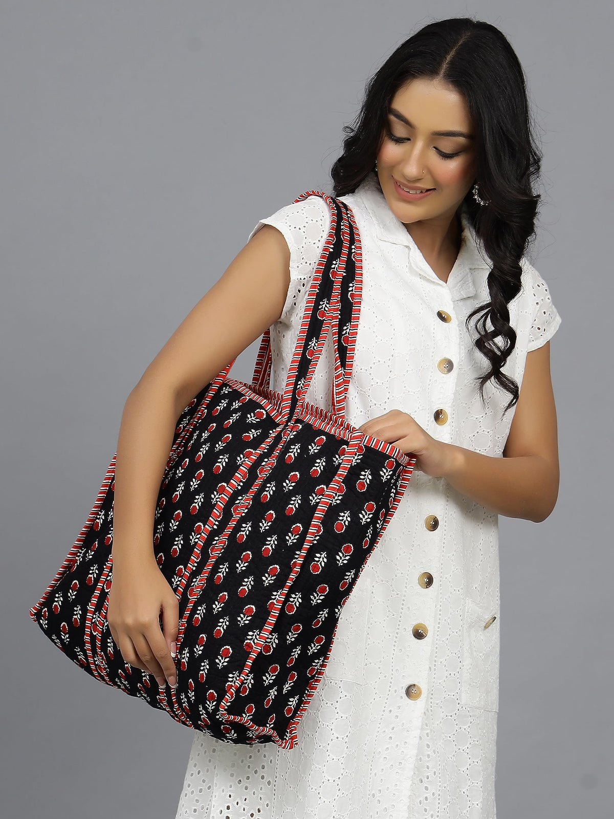 Ravaiyaa - Attitude is everything Women & Man Beautiful Printed Cotton Grocery Shopping Bag | Shoulder Bag | Cotton Tote Bag | Travel Tote Bags 18x5.5x16 Inch (Black Red Floral)