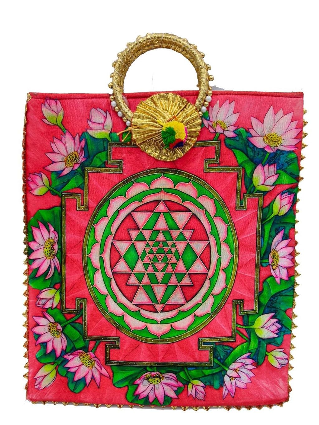Reusable Shopping Tote Bag, Lotus and Sri Yantra Print, Cotton Canvas, Medium, Gold Metallic Handles, (Multicolors) (Pack of 2)