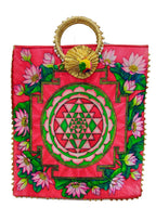 Reusable Shopping Tote Bag, Lotus and Sri Yantra Print, Cotton Canvas, Medium, Gold Metallic Handles, (Multicolors) (Pack of 2)