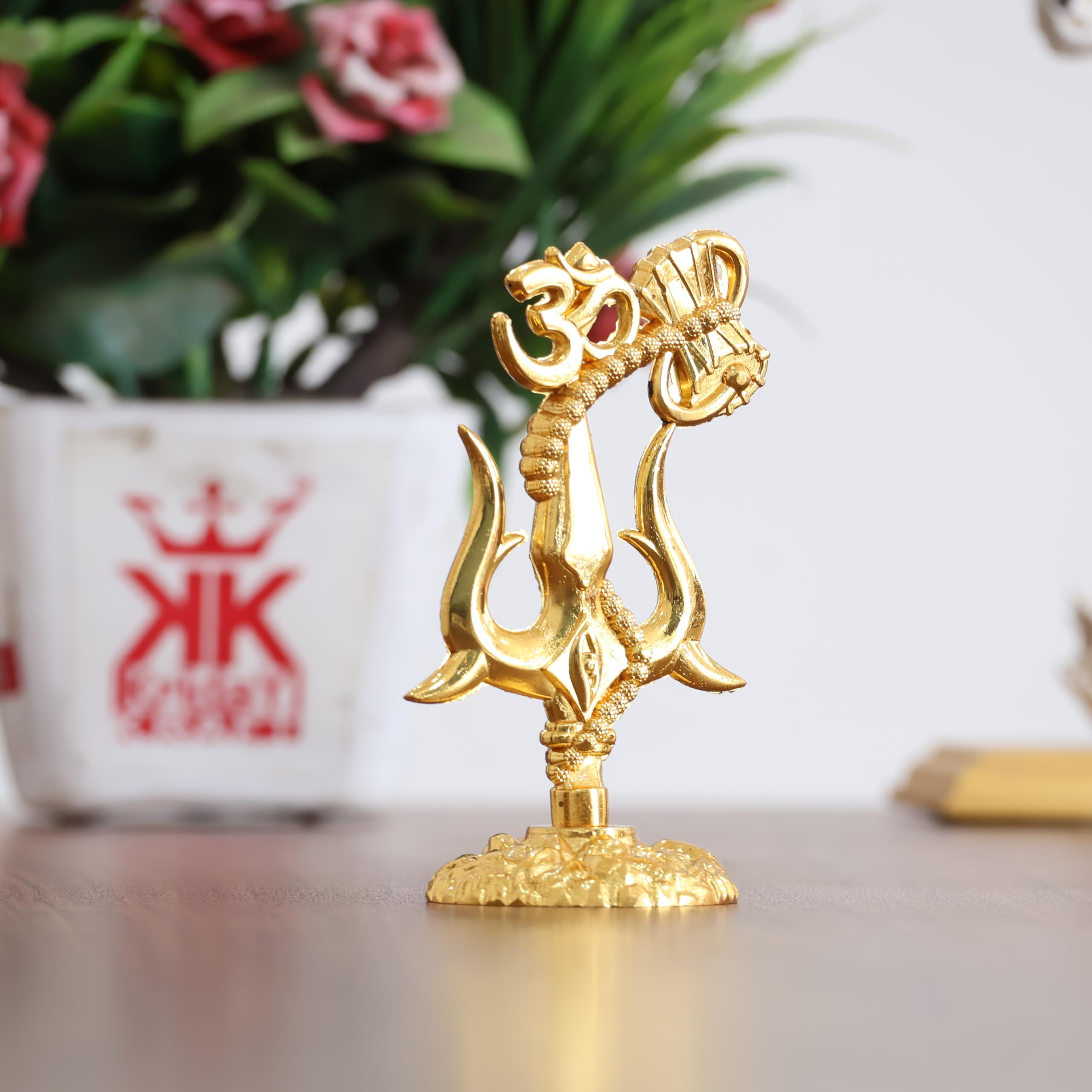 KridayKraft Metal Shivshakti Om Trishul Damru Rudaksha Mala Idol Symbol Statue. (Gold Finish)