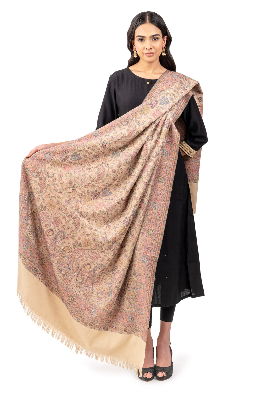 Naureen Women Faux Pashmina Kashmiri Jamawar Shawl, Warm and Soft, 40x80 inch (Ivory)