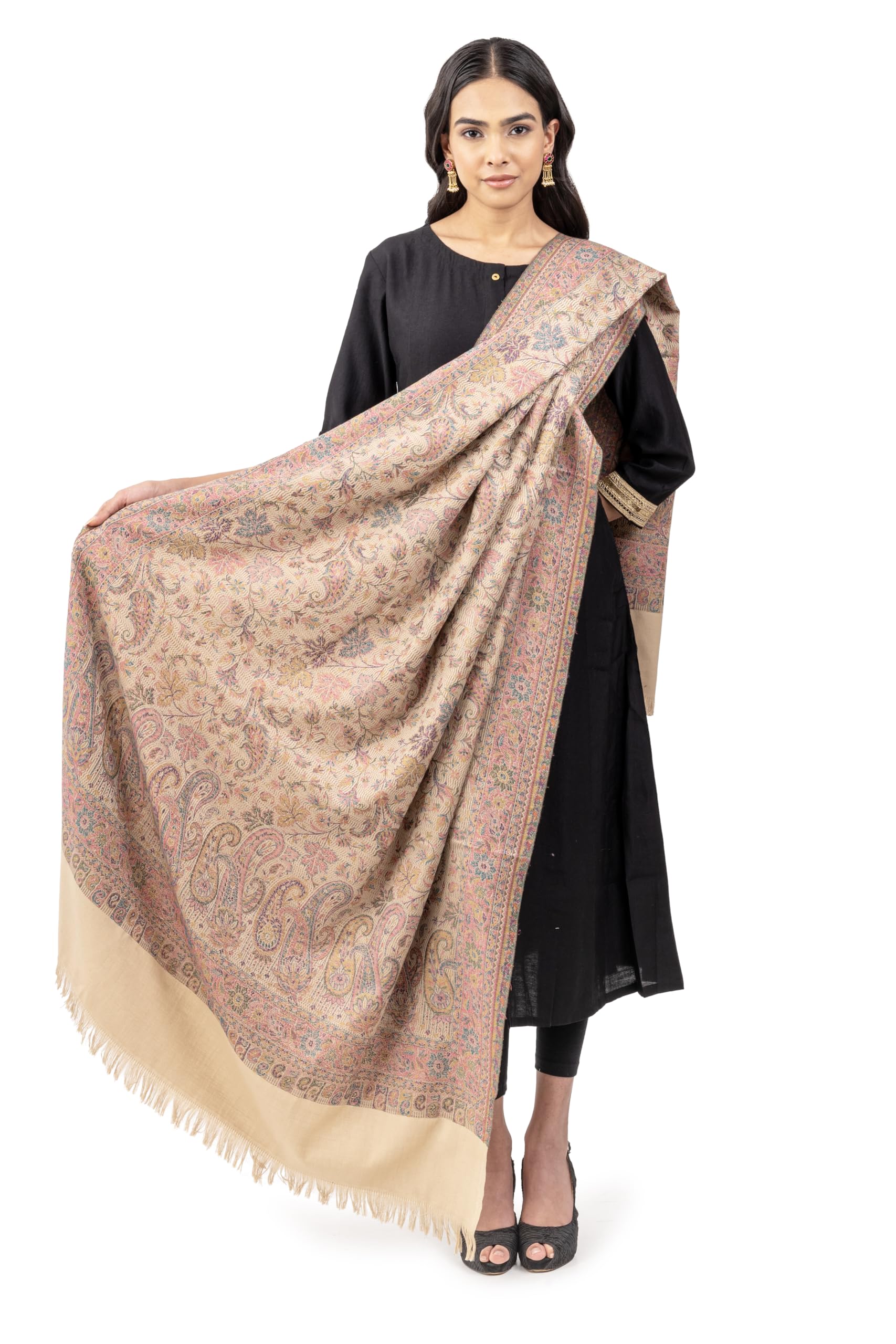 Naureen Women Faux Pashmina Kashmiri Jamawar Shawl, Warm and Soft, 40x80 inch (Ivory)