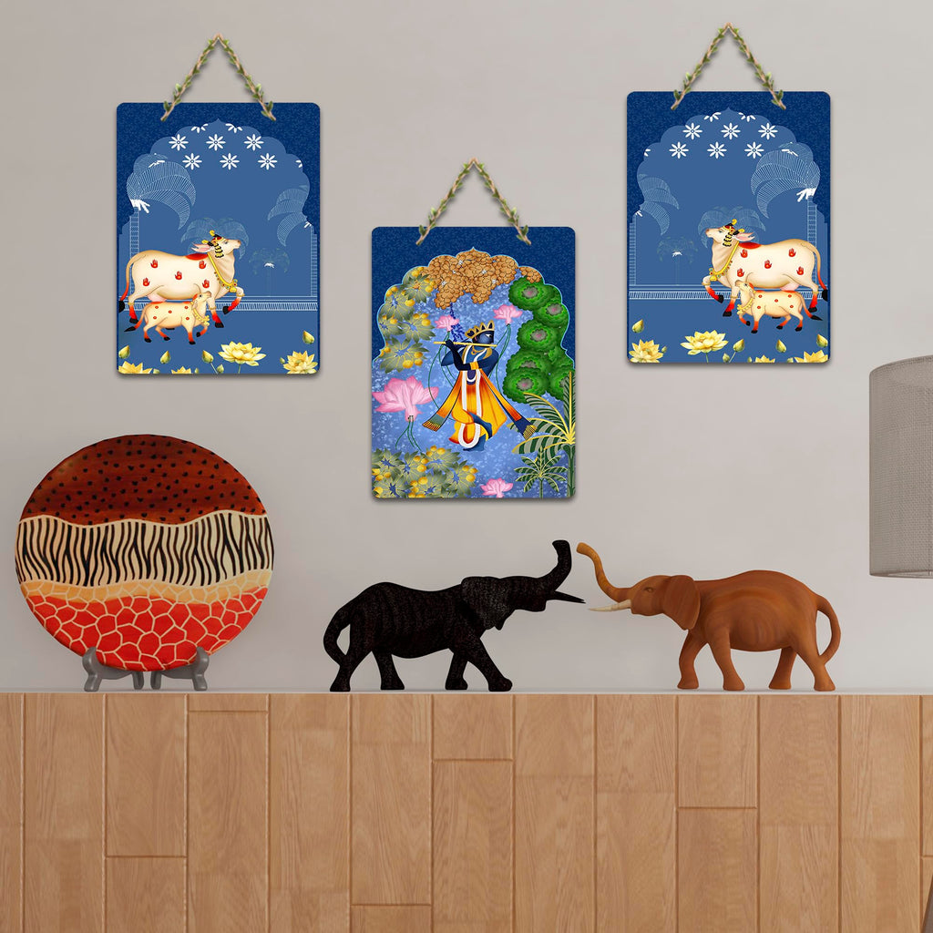 Artvibes Sacred Cow And Shri Krishna Religious Wall And Door Hanging for Home | Spiritual Decor Items | Wall Illustrations | Artwork| Stylish Modern Decor Item | Gift Items (WH_9660N), Set of 3