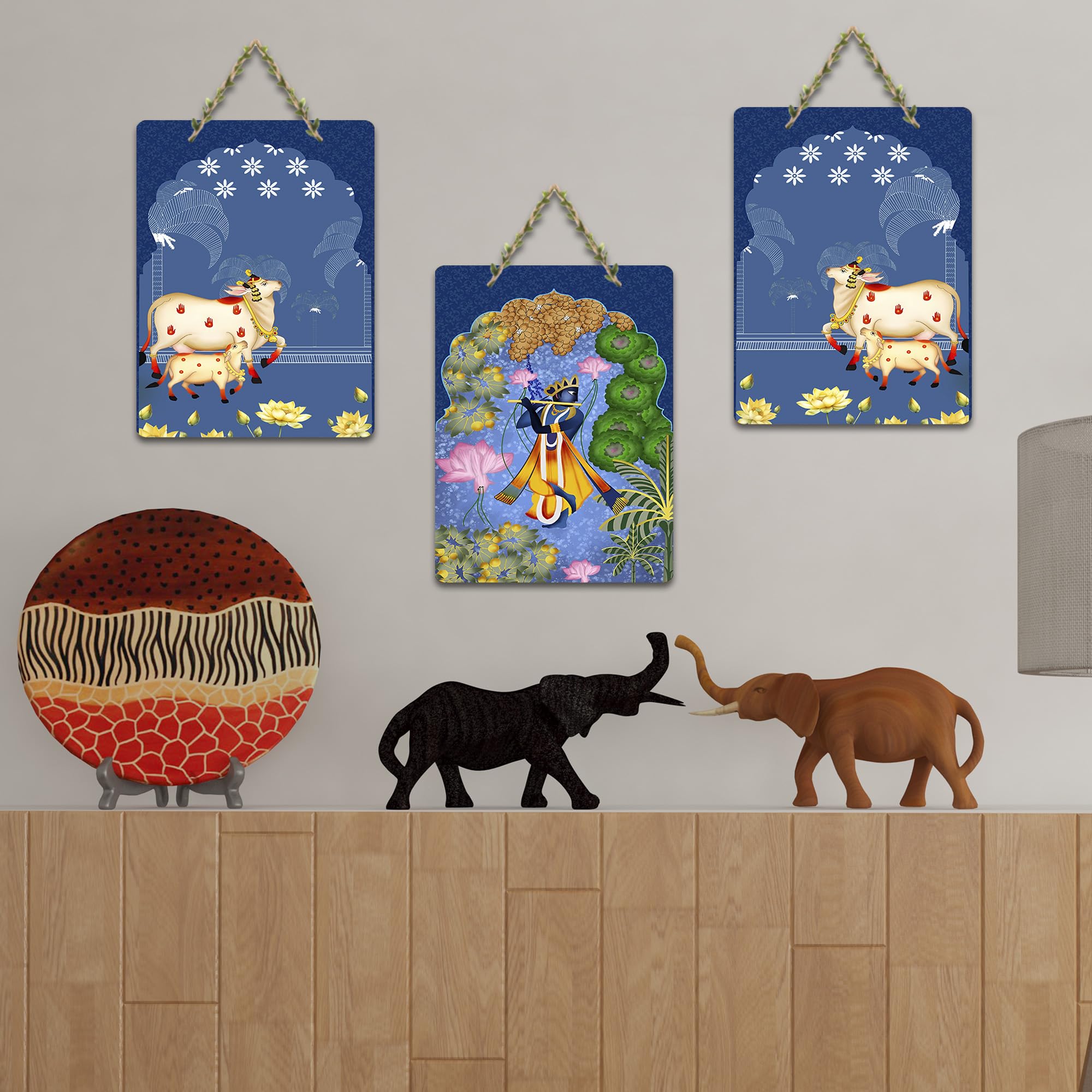 Artvibes Sacred Cow And Shri Krishna Religious Wall And Door Hanging for Home | Spiritual Decor Items | Wall Illustrations | Artwork| Stylish Modern Decor Item | Gift Items (WH_9660N), Set of 3